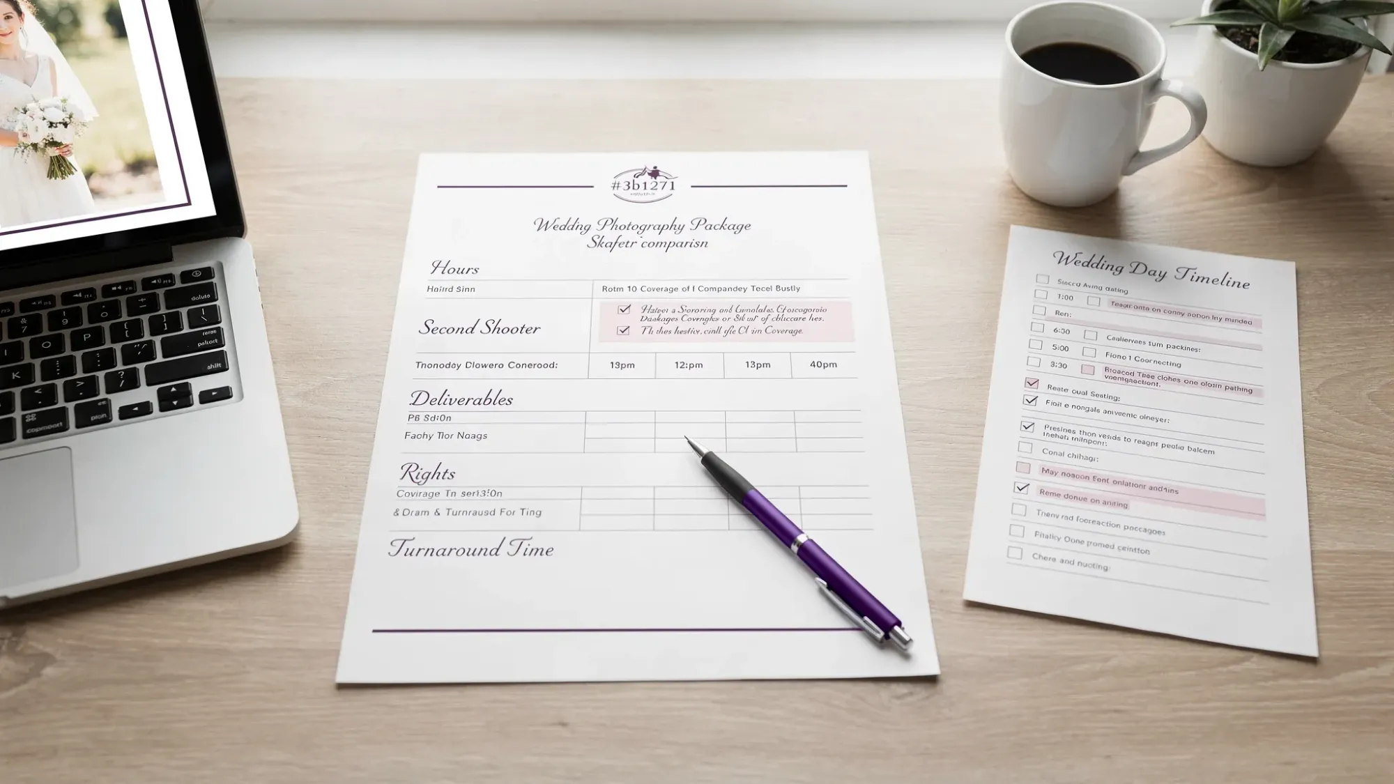 A clean wedding photography package comparison worksheet on a desk with a laptop, a printed timeline, and a checklist highlighting hours, second shooter, deliverables, rights, and turnaround time.