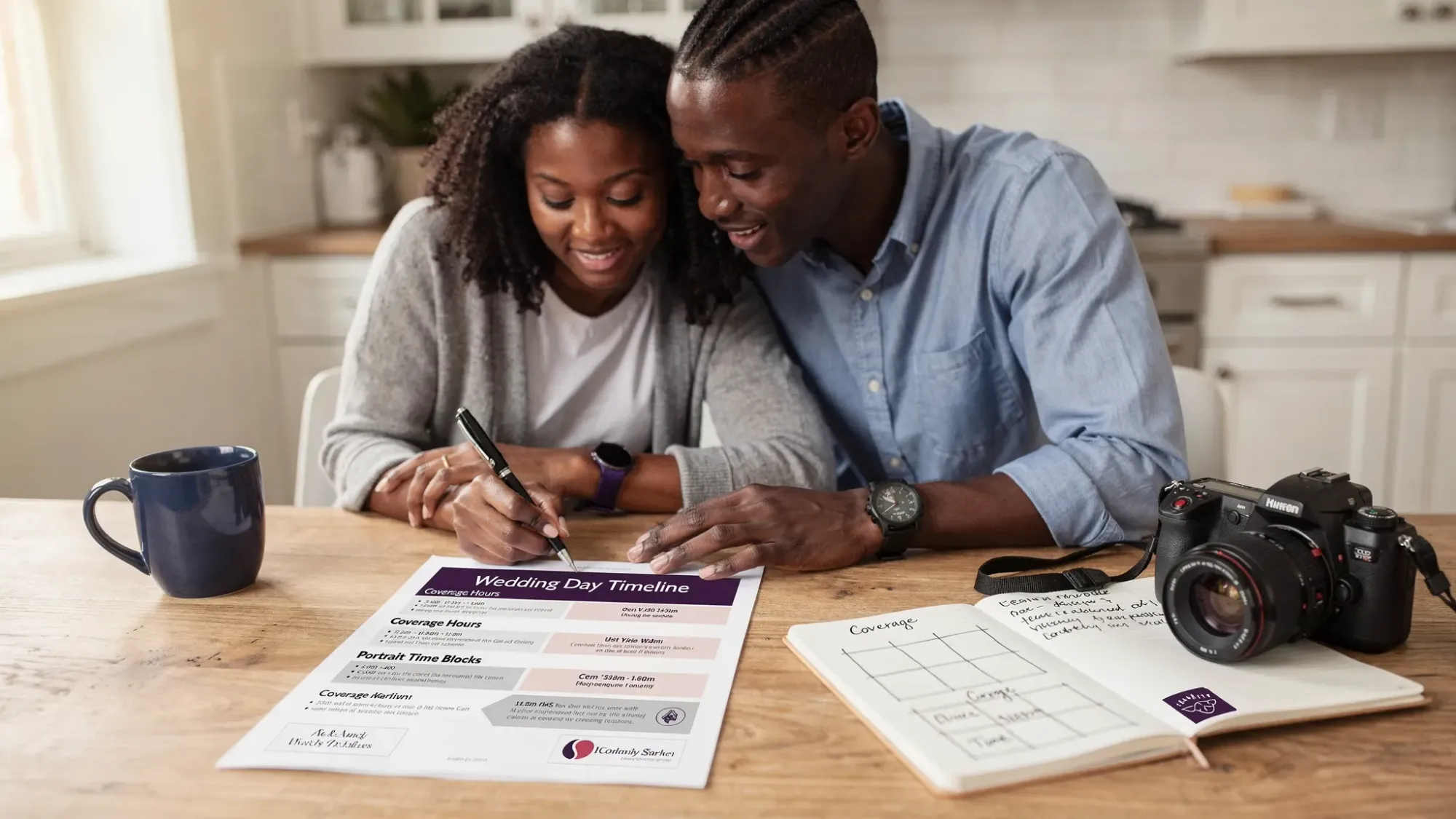 A couple sitting at a kitchen table with a wedding timeline printed out, a camera and a notebook nearby, reviewing coverage hours and portrait time blocks.