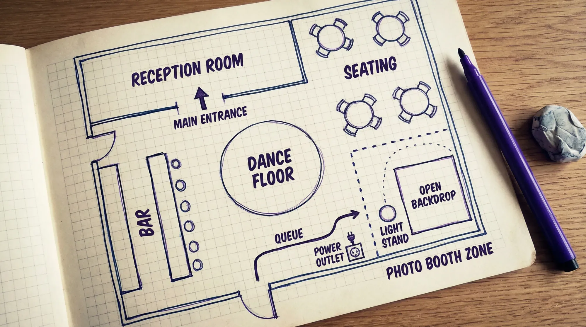 A simple event floor plan sketch showing a reception room with labeled areas: dance floor, bar, seating, and a photo booth zone with a short queue area and a nearby power outlet. The photo booth area includes an open backdrop and a light stand, positioned away from the main traffic path.