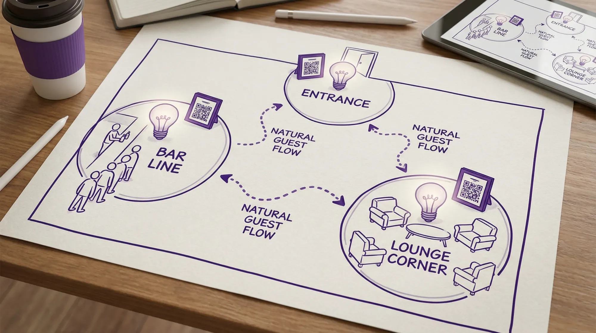 An event floor plan sketch showing three “candid zones” (bar line, lounge corner, and entrance), each with soft lighting icons and a small QR sign placement, plus arrows indicating natural guest flow between zones.