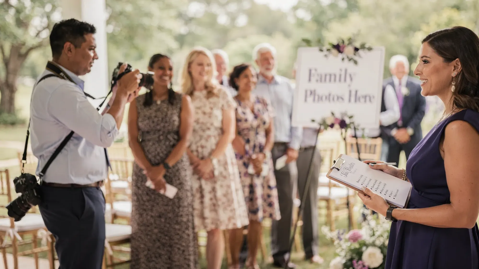 A wedding photo wrangler holding a clipboard with a short group photo shot list, standing beside a photographer near a ceremony exit, while family members line up in a well-lit shaded area with clear signage indicating “Family Photos Here.”