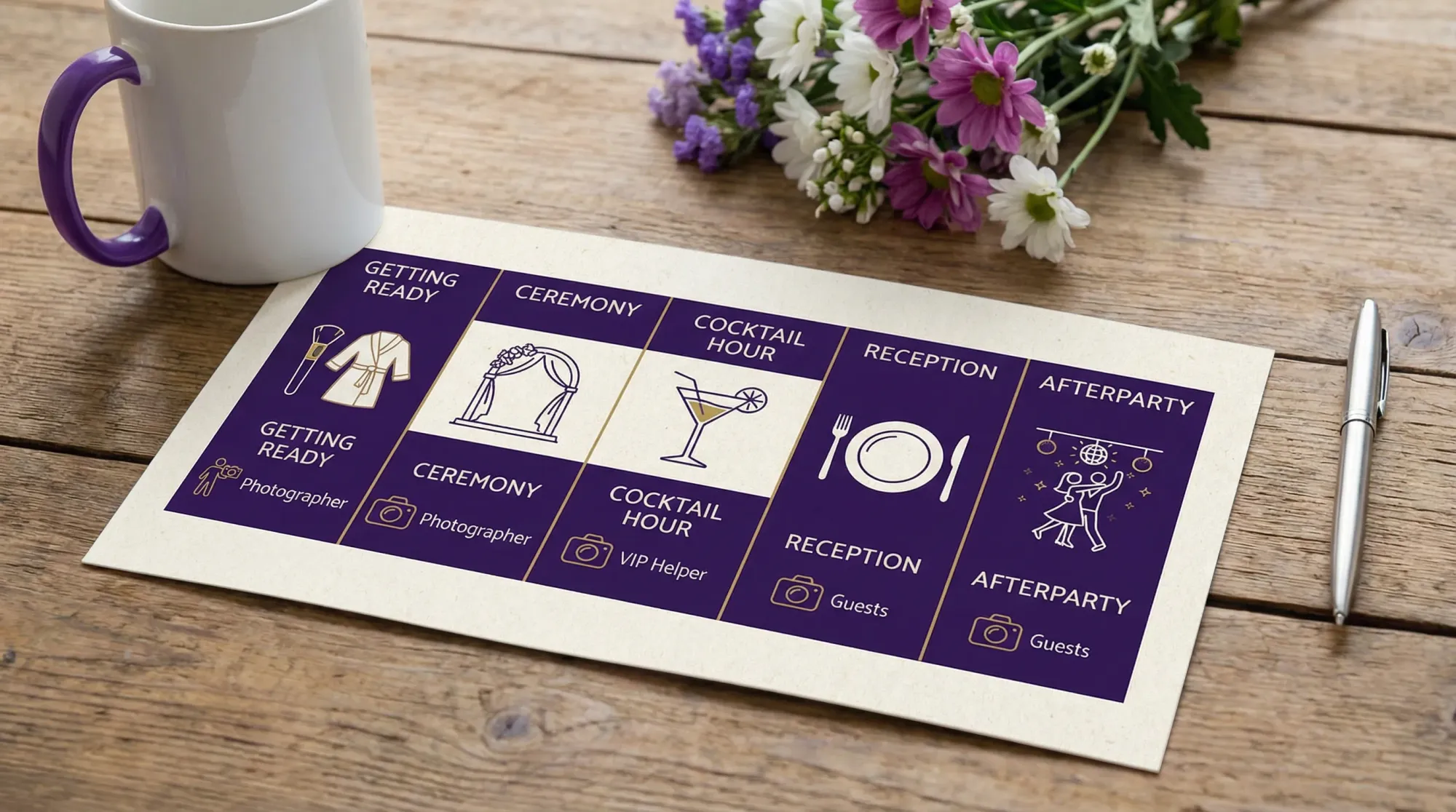 A simple wedding day timeline graphic showing sections like getting ready, ceremony, cocktail hour, reception, and afterparty, with small camera icons indicating who is covering each section (photographer, VIP helper, guests).