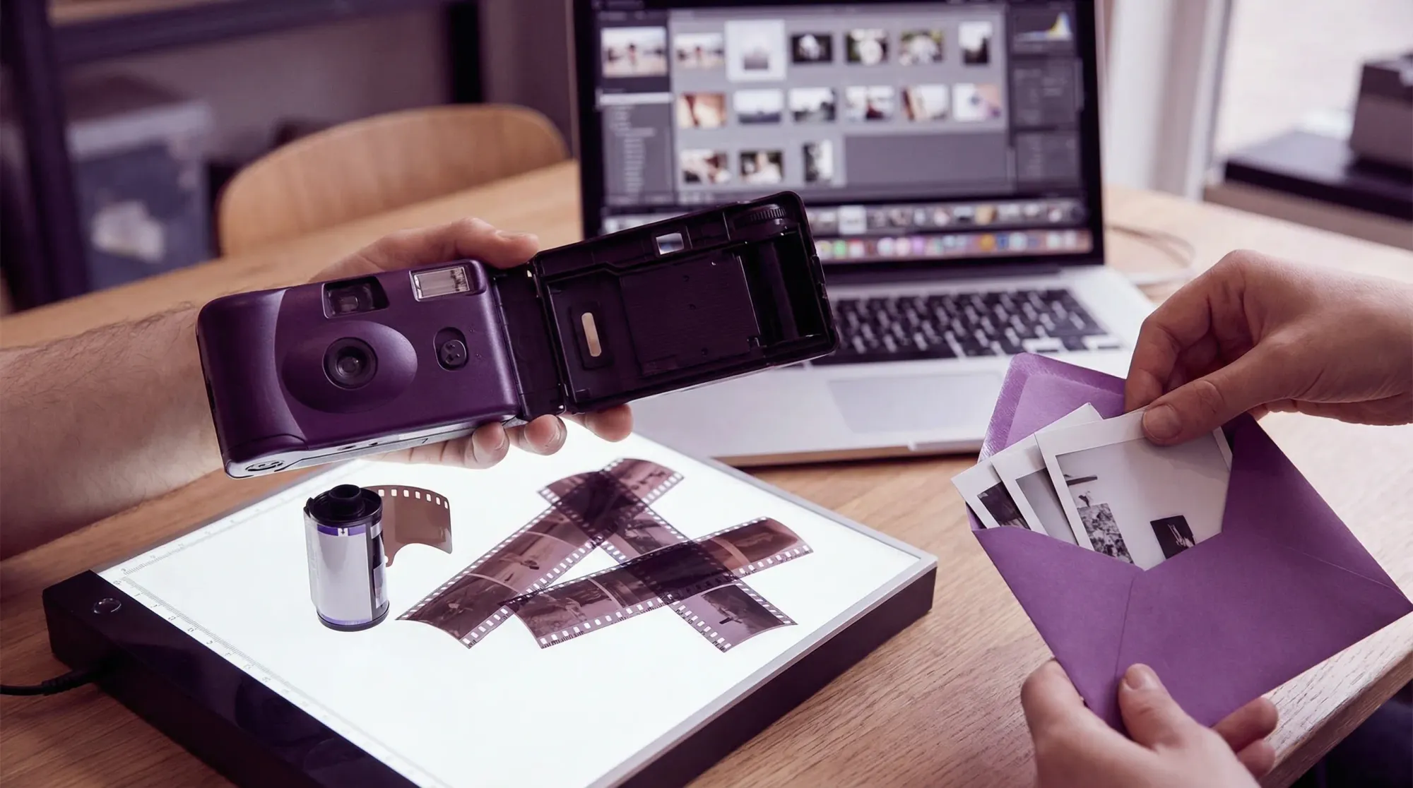 A simple visual showing a disposable camera being opened, film canister removed, negatives developed, scanned into digital photos, and optional prints placed in an envelope.