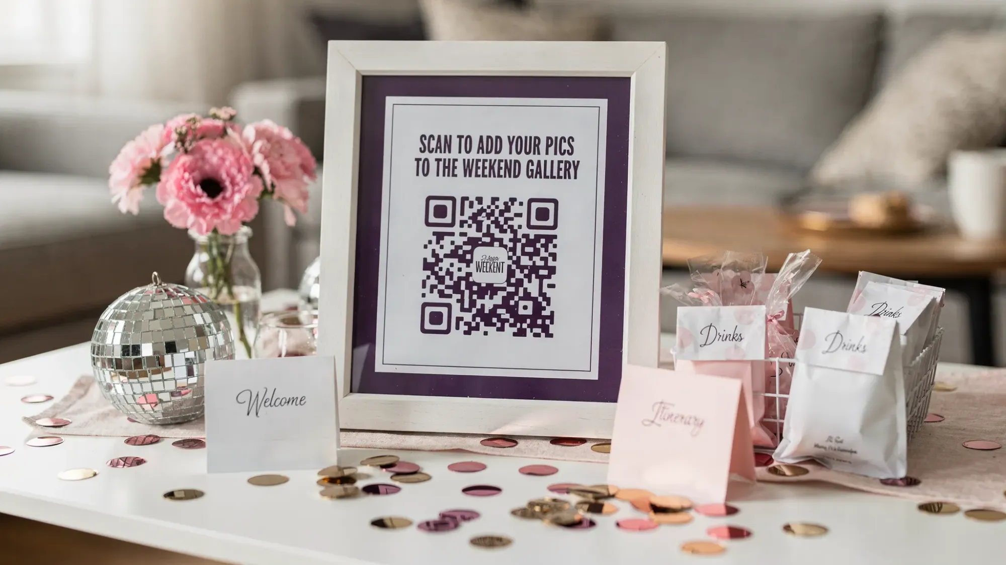 A bachelorette weekend welcome table at an Airbnb with a cute framed sign that says “Scan to add your pics to the weekend gallery,” a visible QR code, small table tent cards, and themed decor like pink flowers and a mini disco ball.