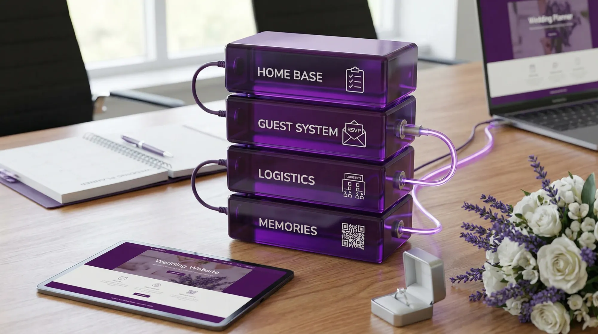 A wedding planning “app stack” illustrated as four connected blocks labeled Home Base, Guest System, Logistics, and Memories, with small icons for checklist, RSVP, seating chart, and camera/QR.