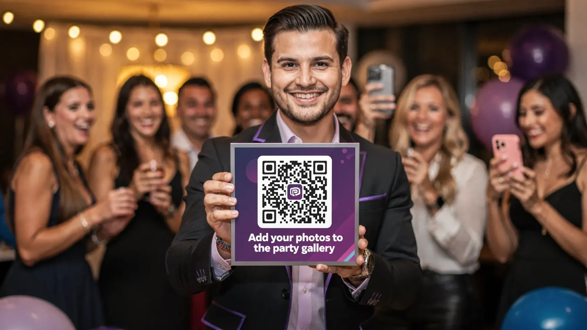 A party host holds a small table sign with a large QR code that says “Add your photos to the party gallery.” Guests in the background are laughing and taking candid photos.