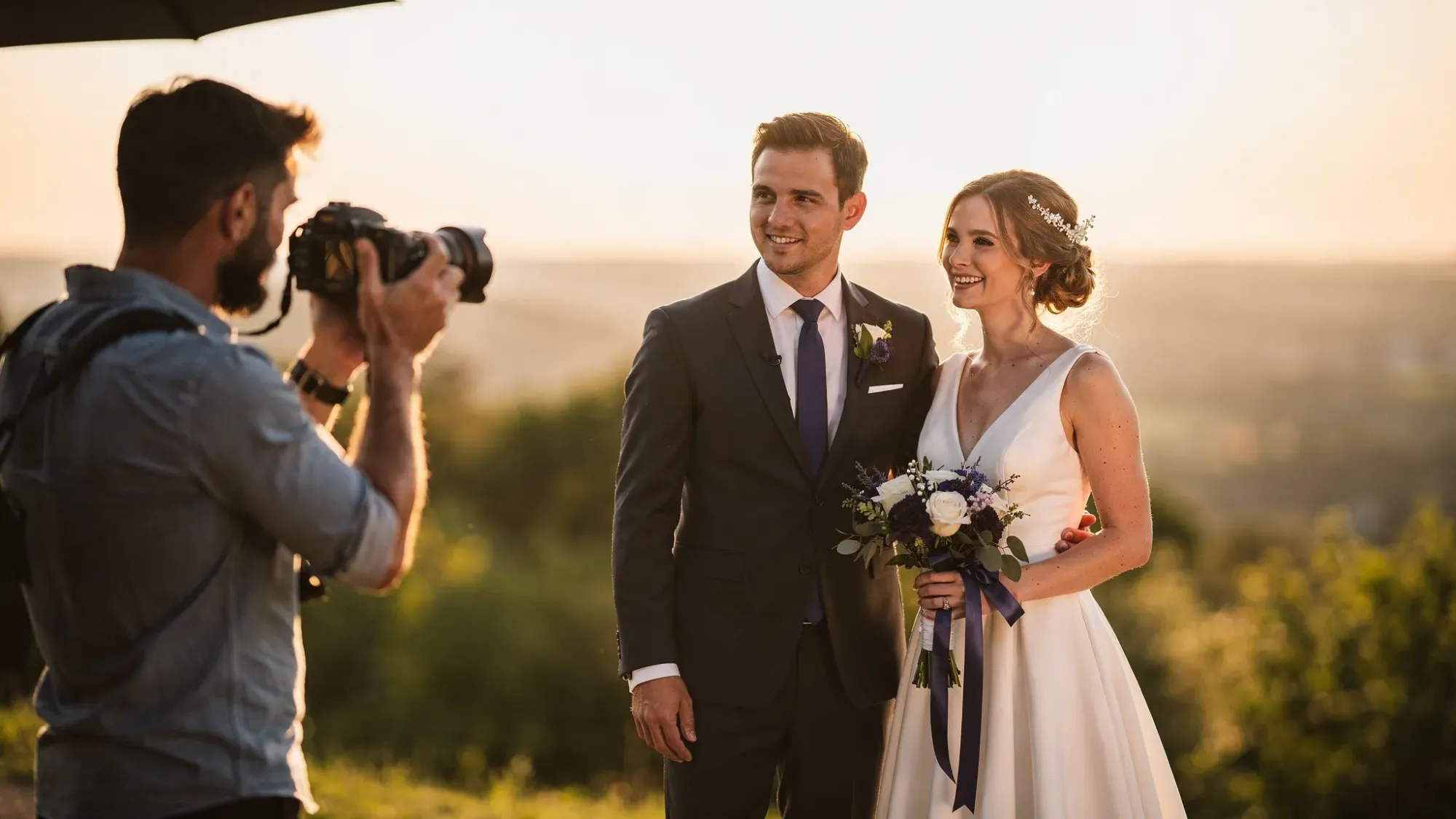A couple in wedding attire stands in soft golden-hour light at a scenic outdoor location while a photographer frames the shot, with simple background elements and clear open shade nearby.