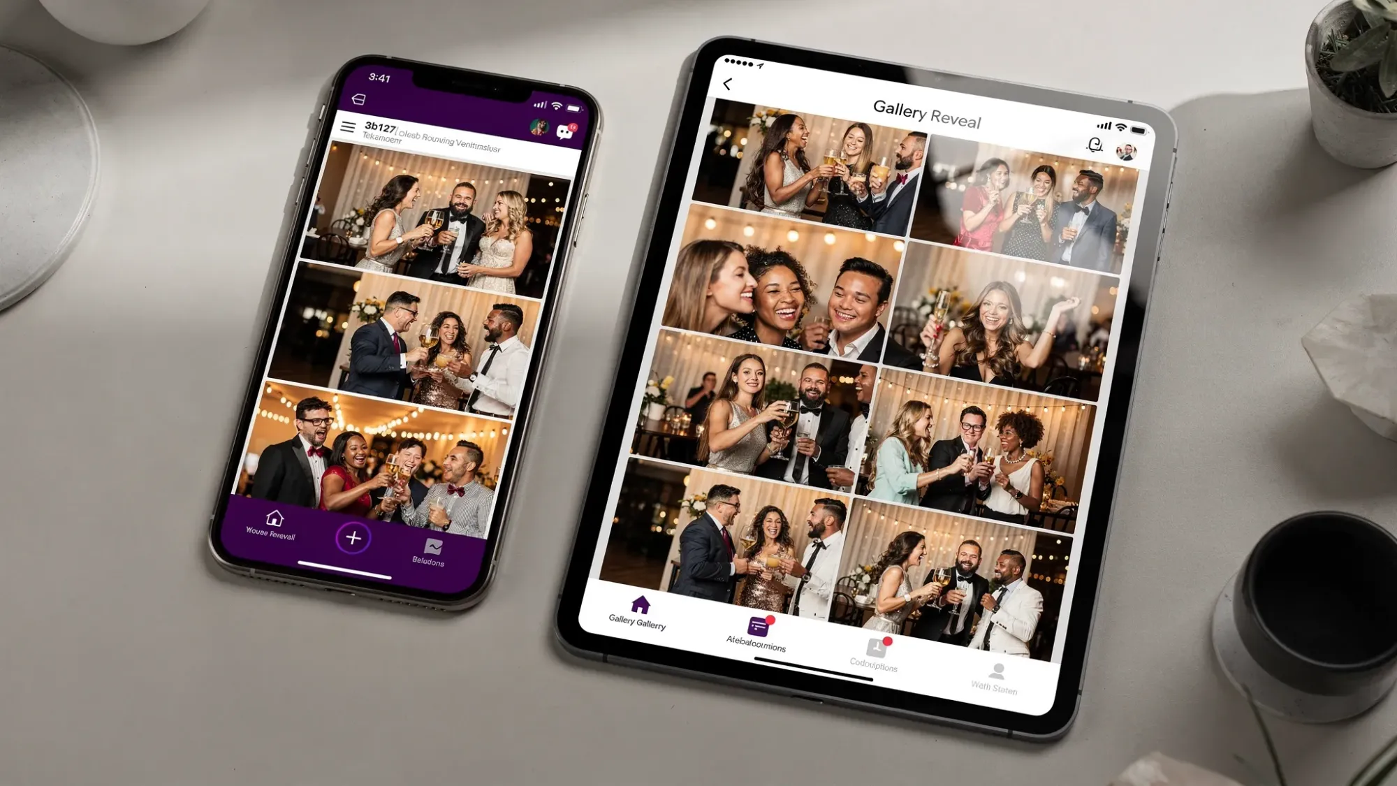 A clean grid-style event photo gallery on a phone and tablet, showing candid party moments and group shots, with a subtle “Gallery Reveal” feel and consistent lighting across photos.