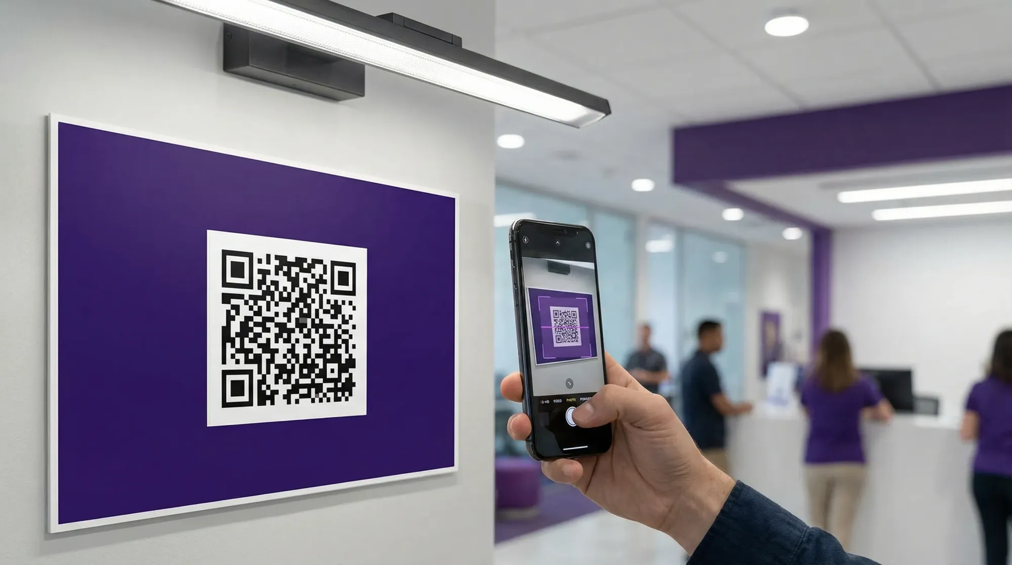 A simple diagram showing a QR code on a matte sign with a clear quiet zone border, a phone camera scanning from a comfortable distance, and an overhead light positioned to avoid glare.