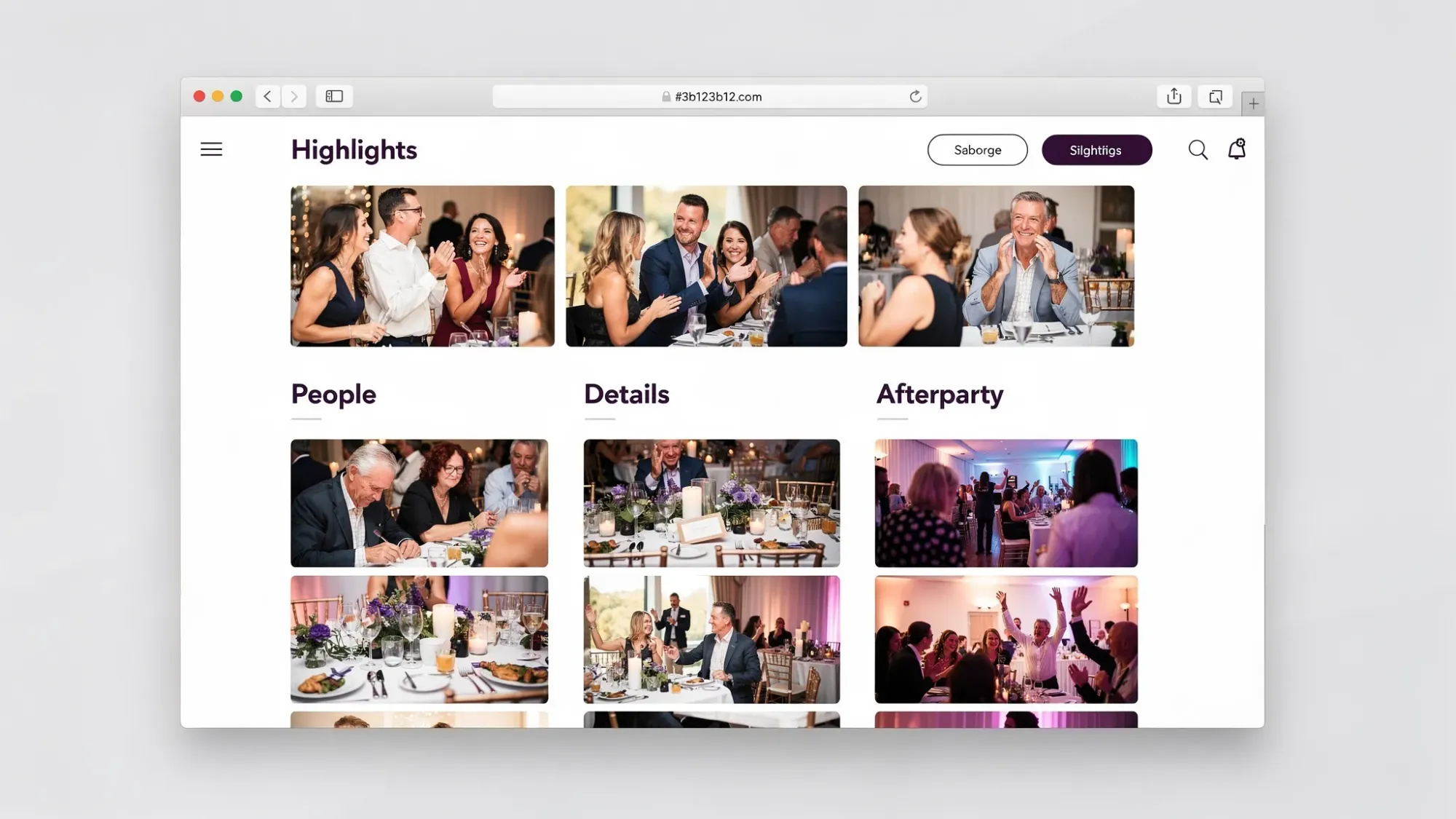 A clean, modern event photo gallery view showing a curated Highlights section and separate sections for People, Details, and Afterparty, with thumbnail images arranged in a simple grid.