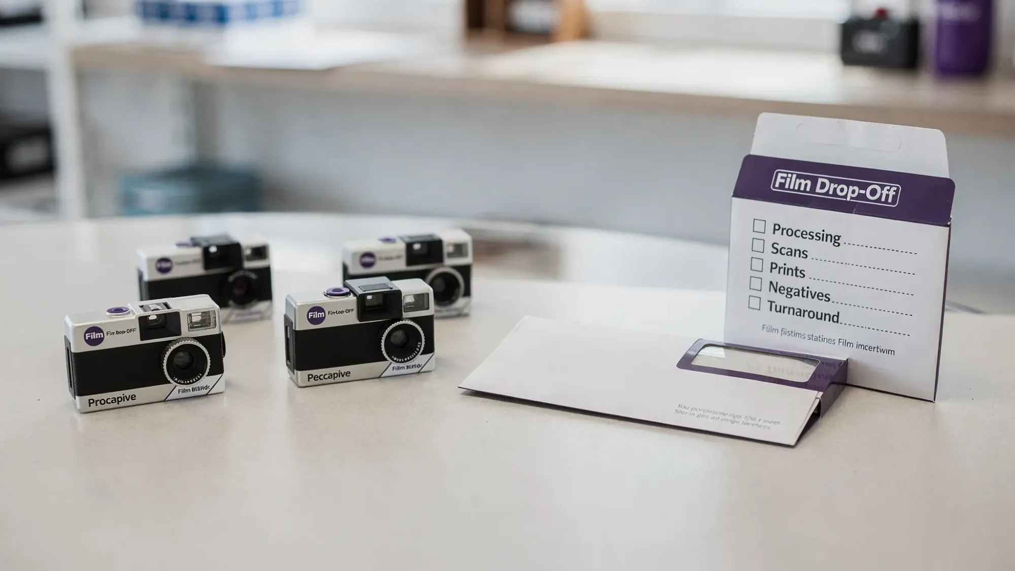 A countertop scene with several disposable cameras, a labeled envelope for film drop-off, and a simple checklist card showing “Processing, Scans, Prints, Negatives, Turnaround”.