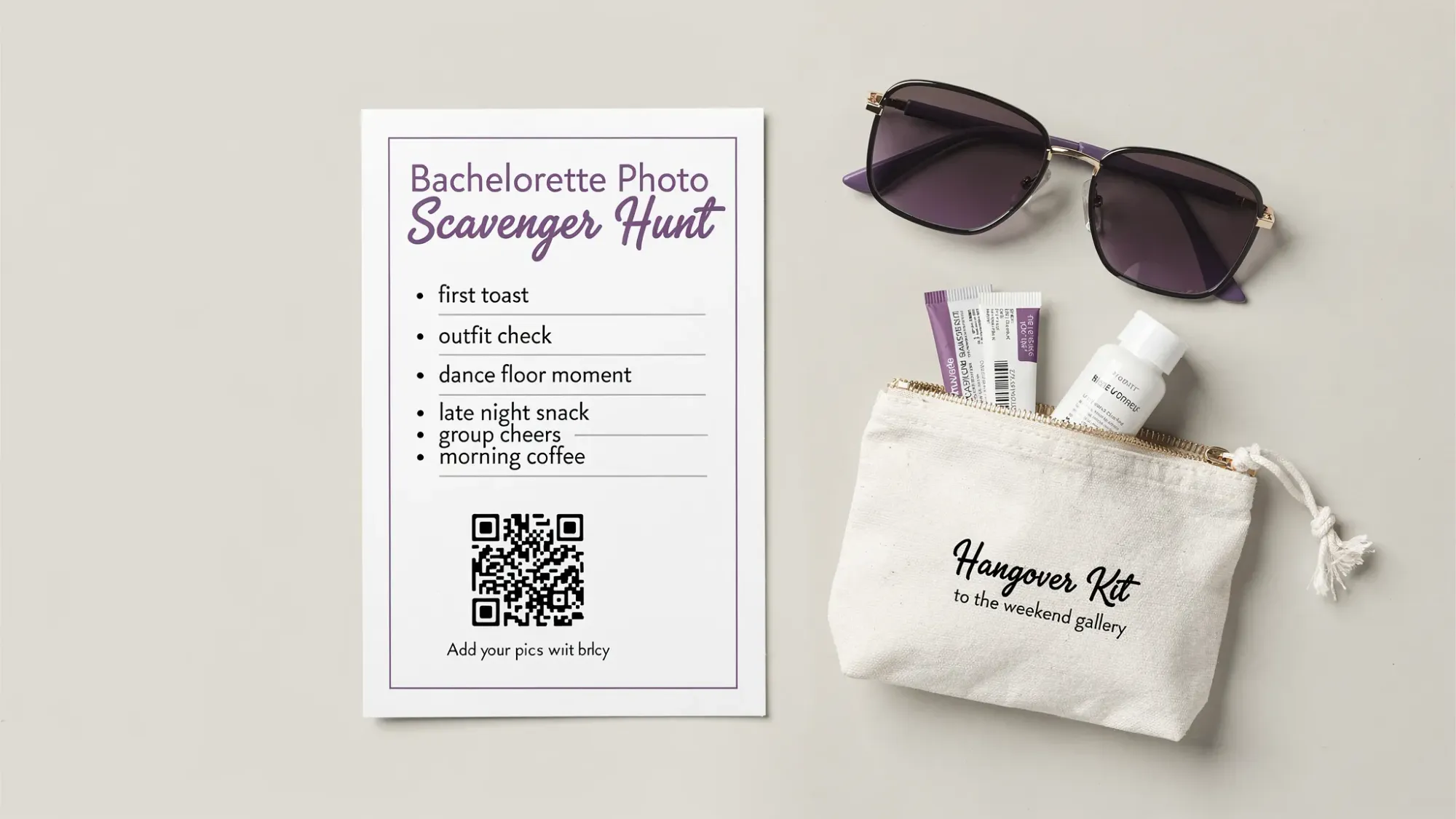 A simple printable bachelorette photo scavenger card with a QR code labeled “Add your pics to the weekend gallery,” plus 6 short prompts like “first toast” and “outfit check,” placed next to sunglasses and a mini hangover kit.