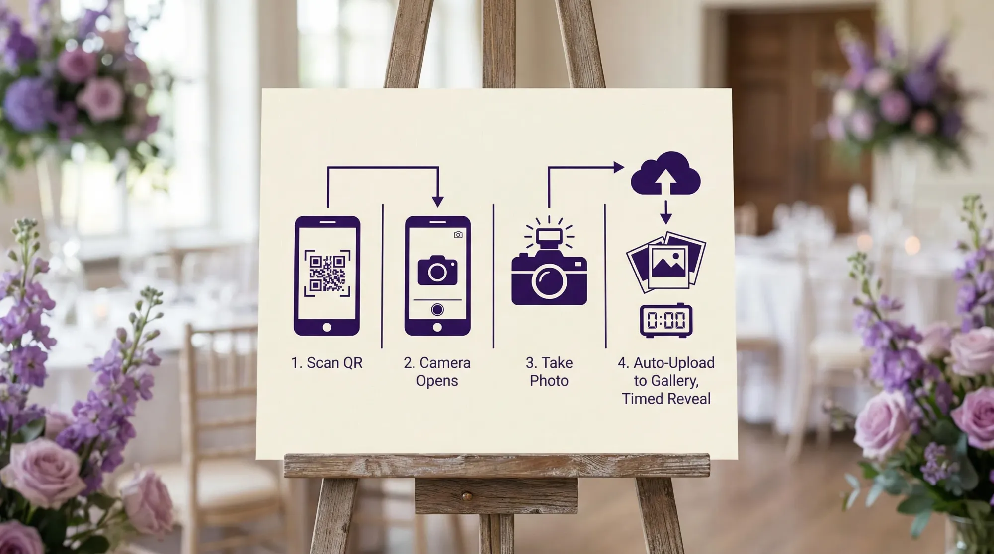 A simple four-step diagram showing the wedding guest photo flow: Scan QR, camera opens, take photo, auto-upload to a private wedding gallery with a timed reveal.