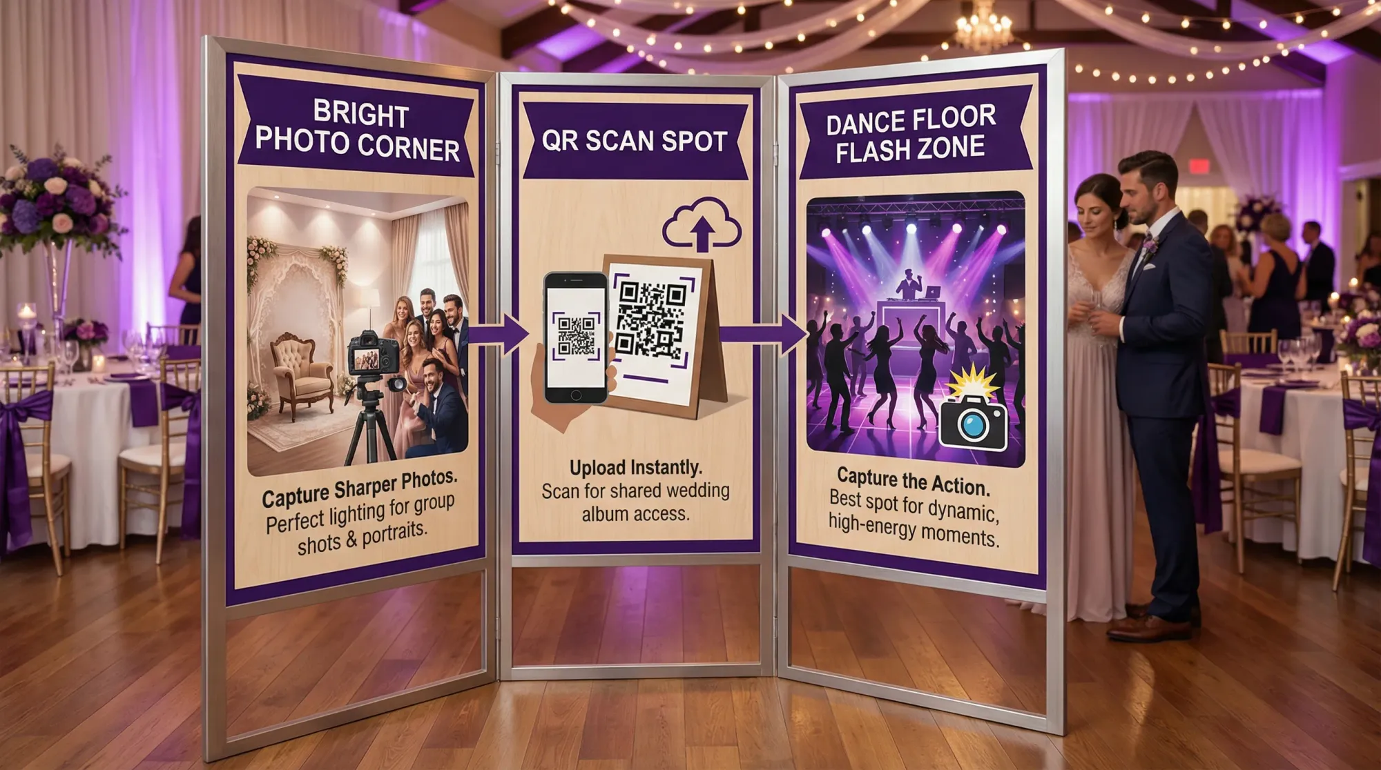 A simple three-panel diagram showing “Bright photo corner,” “QR scan spot,” and “Dance floor flash zone” inside a wedding reception layout. Each panel highlights where guests can capture sharper photos and upload instantly.