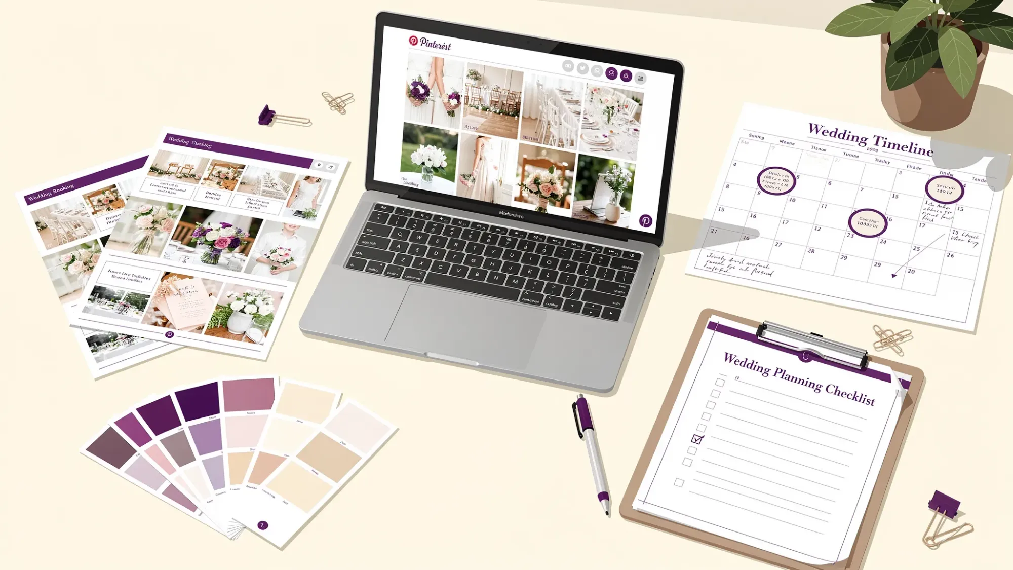 A wedding planning desk scene with a laptop open to a Pinterest board, printed mood board pages, color swatches, a checklist, and a calendar with key vendor booking dates highlighted.