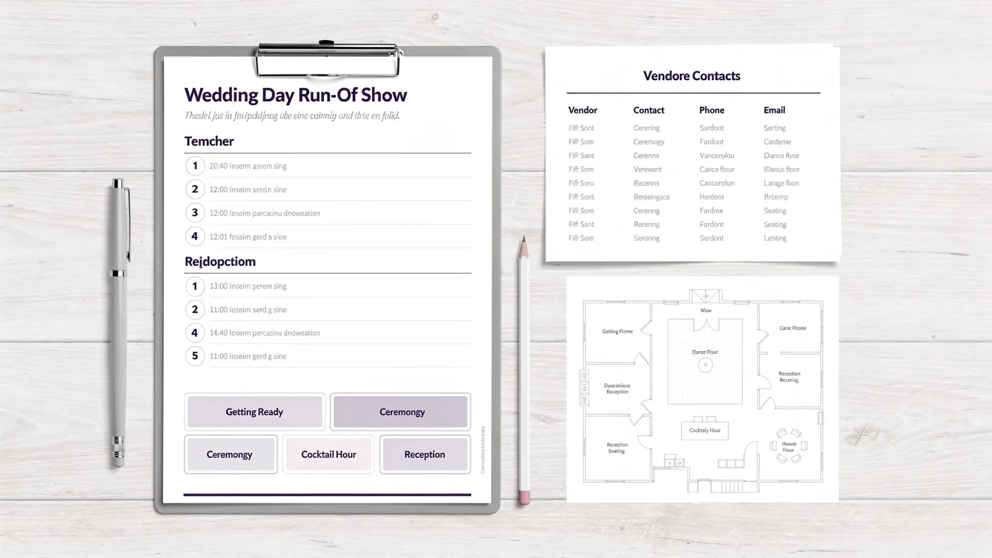 A clean, minimal wedding-day run-of-show sheet on a clipboard next to a printed vendor contact list, timeline blocks, and a simple venue floor plan sketch on a table.