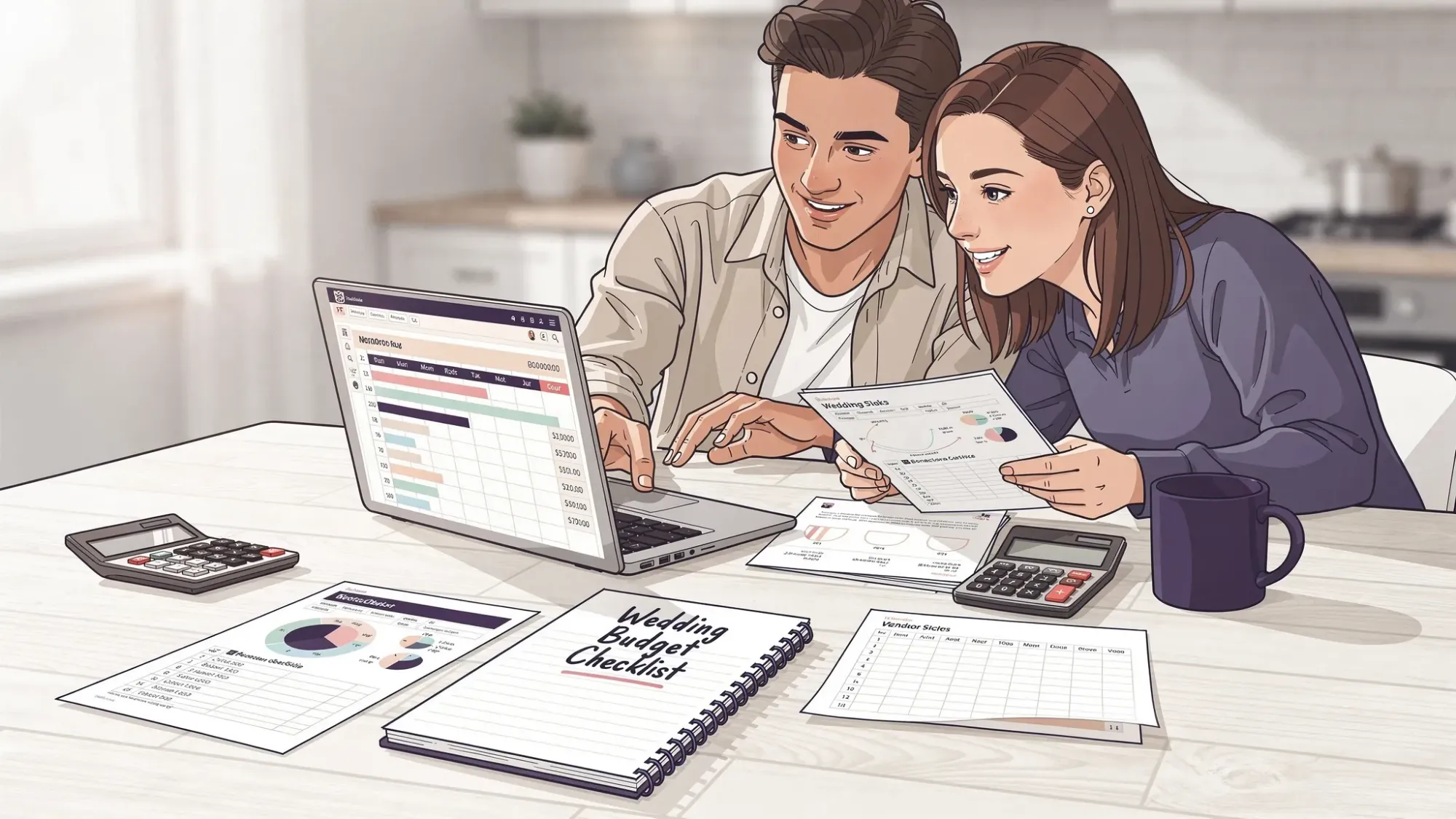 A couple reviewing a wedding budget spreadsheet at a kitchen table with a laptop, printed vendor quotes, a calculator, and a notepad labeled “Wedding Budget Checklist,” showing a realistic planning scene.