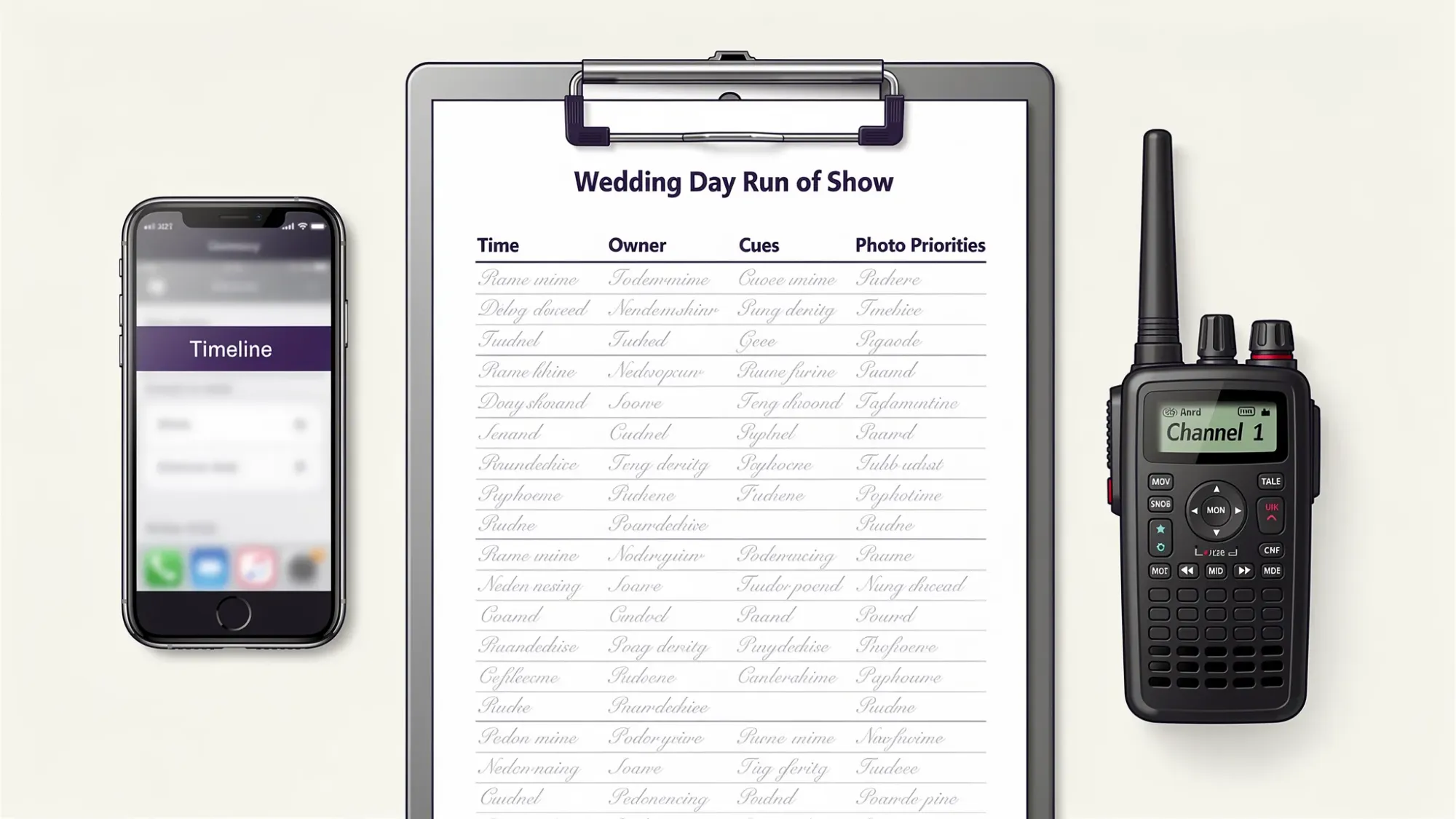 A wedding planner’s run-of-show sheet on a clipboard next to a phone and a two-way radio, with clear columns for time, owner, cues, and photo priorities.