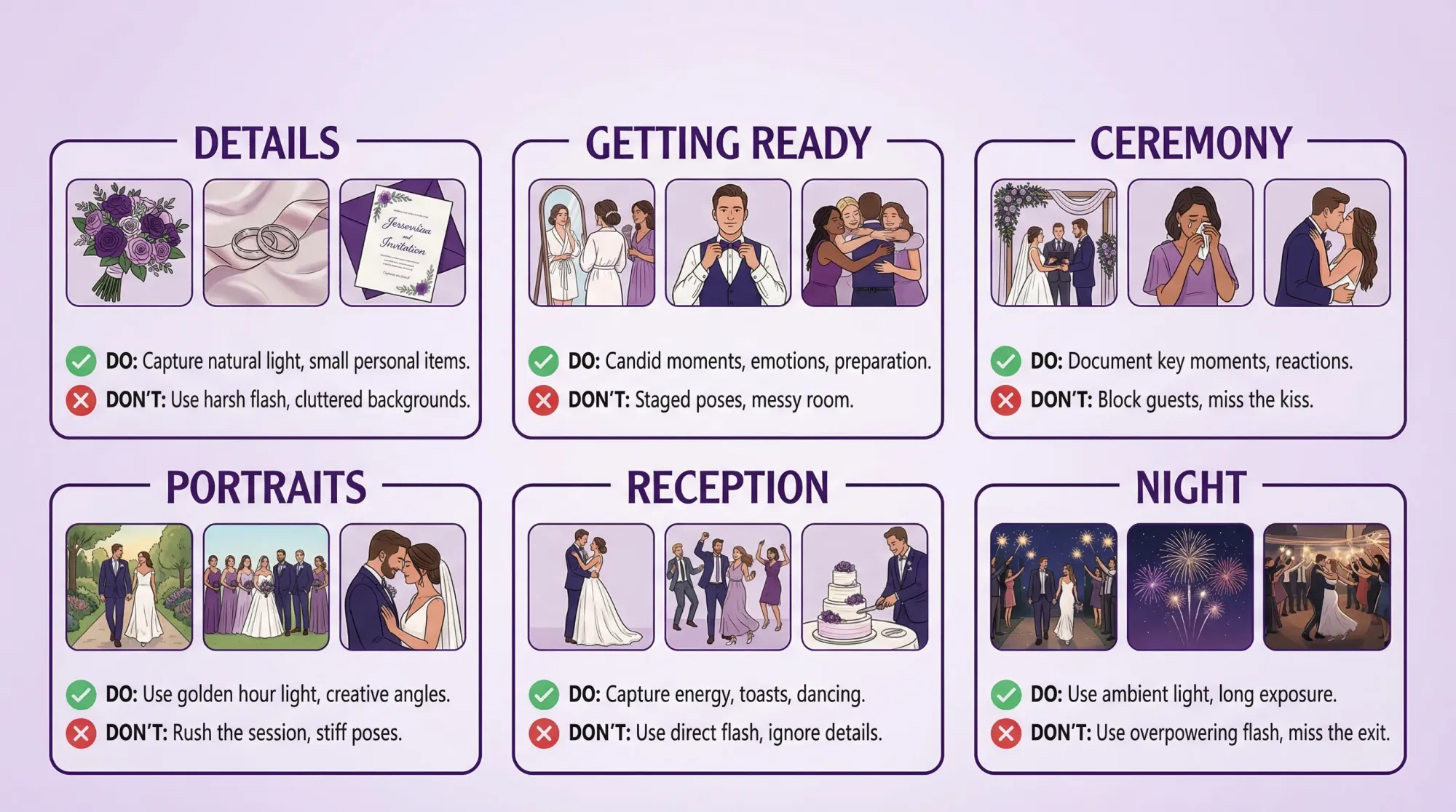 A clean wedding photo moodboard layout on a single page, with six labeled sections (Details, Getting Ready, Ceremony, Portraits, Reception, Night), each showing 3–5 example images and short “DO / DON’T” notes.