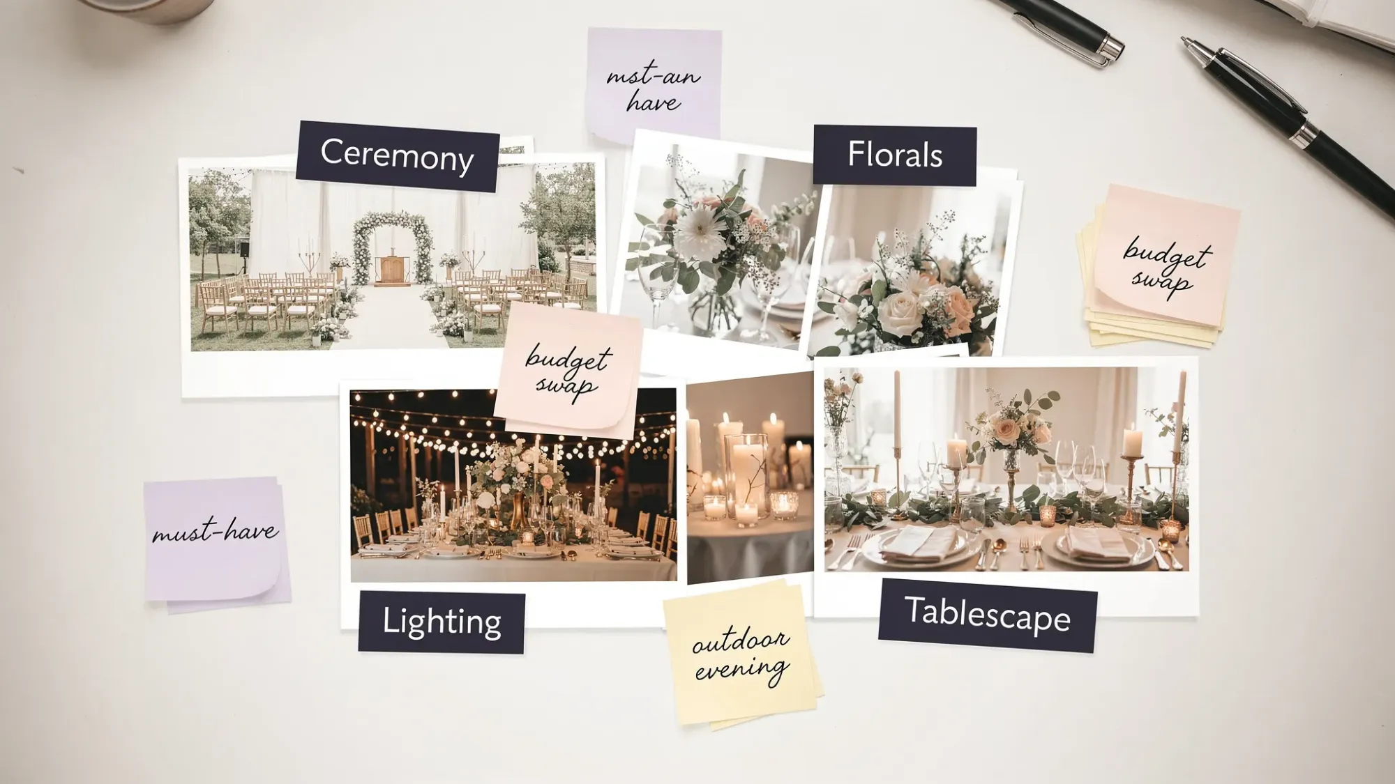A flat lay of printed wedding inspiration photos on a table, grouped into labeled categories like “Ceremony,” “Florals,” “Lighting,” and “Tablescape,” with sticky notes showing short tags such as “must-have,” “budget swap,” and “outdoor evening.”