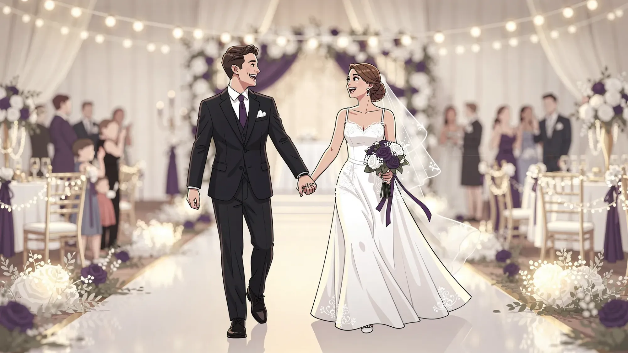A bride and groom walking hand-in-hand through a wedding venue pathway, mid-laugh, with guests and soft string lights blurred in the background, capturing a natural candid moment.