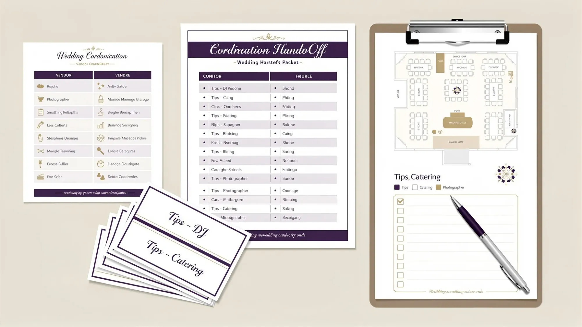 A neatly organized wedding coordination handoff packet on a table, including a printed master timeline, vendor contact sheet, floor plan, and labeled envelopes for tips, with a clipboard and pen nearby.