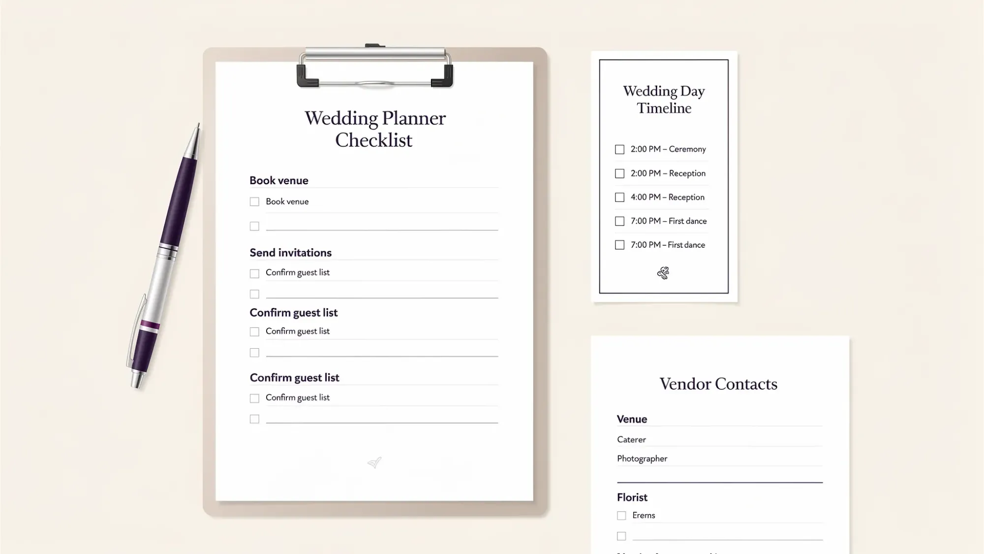A printable one-page wedding organiser checklist on a clipboard next to a pen, a simple wedding day timeline card, and a minimal “vendor contacts” sheet on a desk.