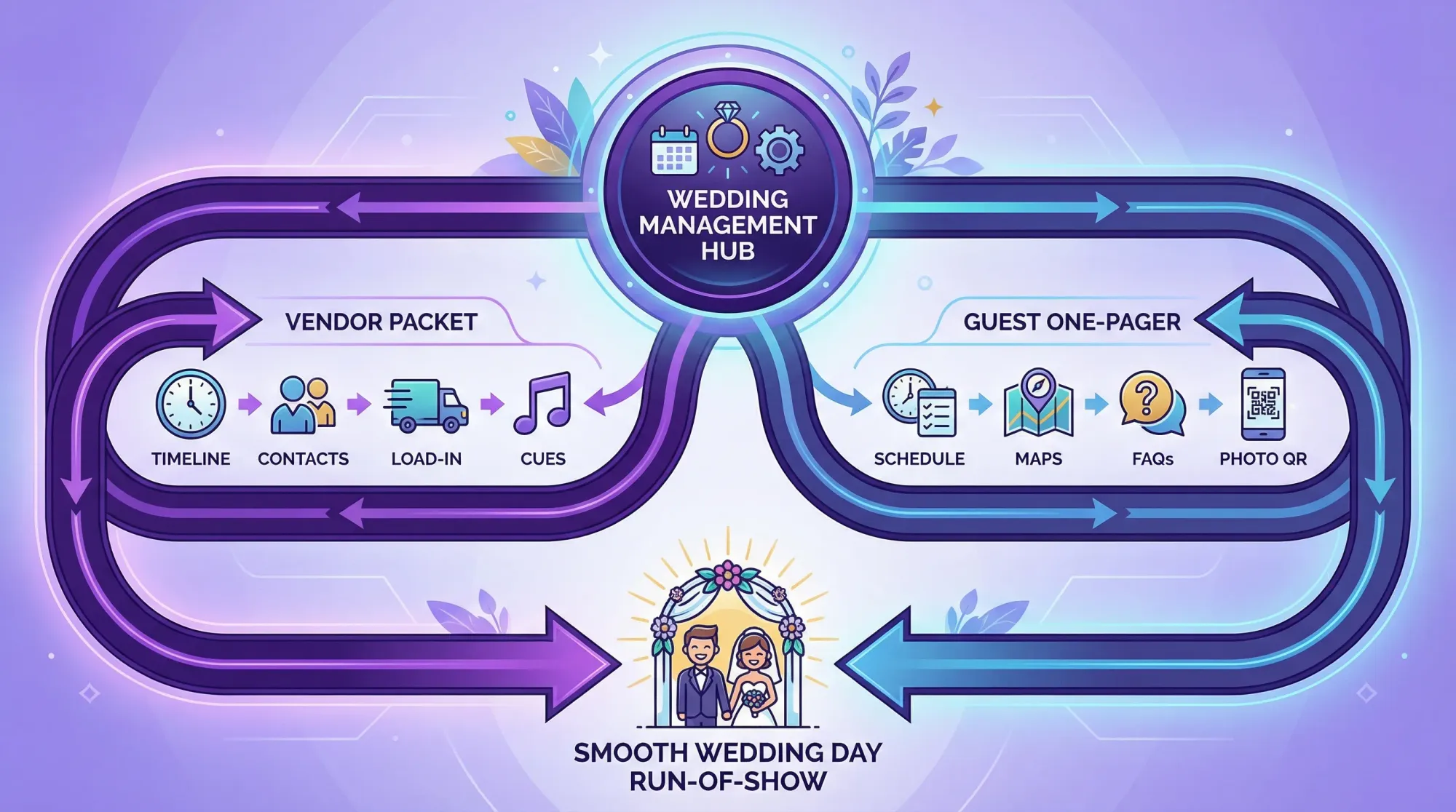 A simple diagram showing a “Wedding Management Hub” in the center feeding two lanes: “Vendor Packet” (timeline, contacts, load-in, cues) and “Guest One-Pager” (schedule, maps, FAQs, photo QR), both leading into a smooth wedding day run-of-show.