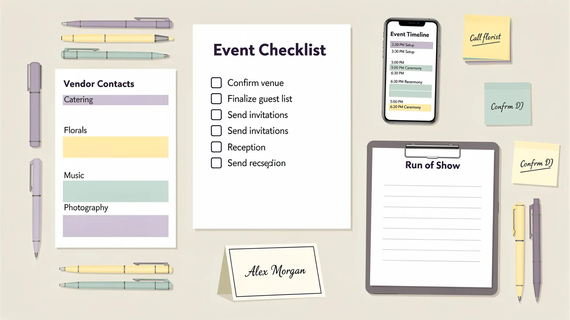 A flat-lay of an event planning workspace with a printed checklist, color-coded vendor contact sheet, a phone showing a timeline view, and a clipboard labeled “Run of Show,” surrounded by pens, sticky notes, and a sample place card.