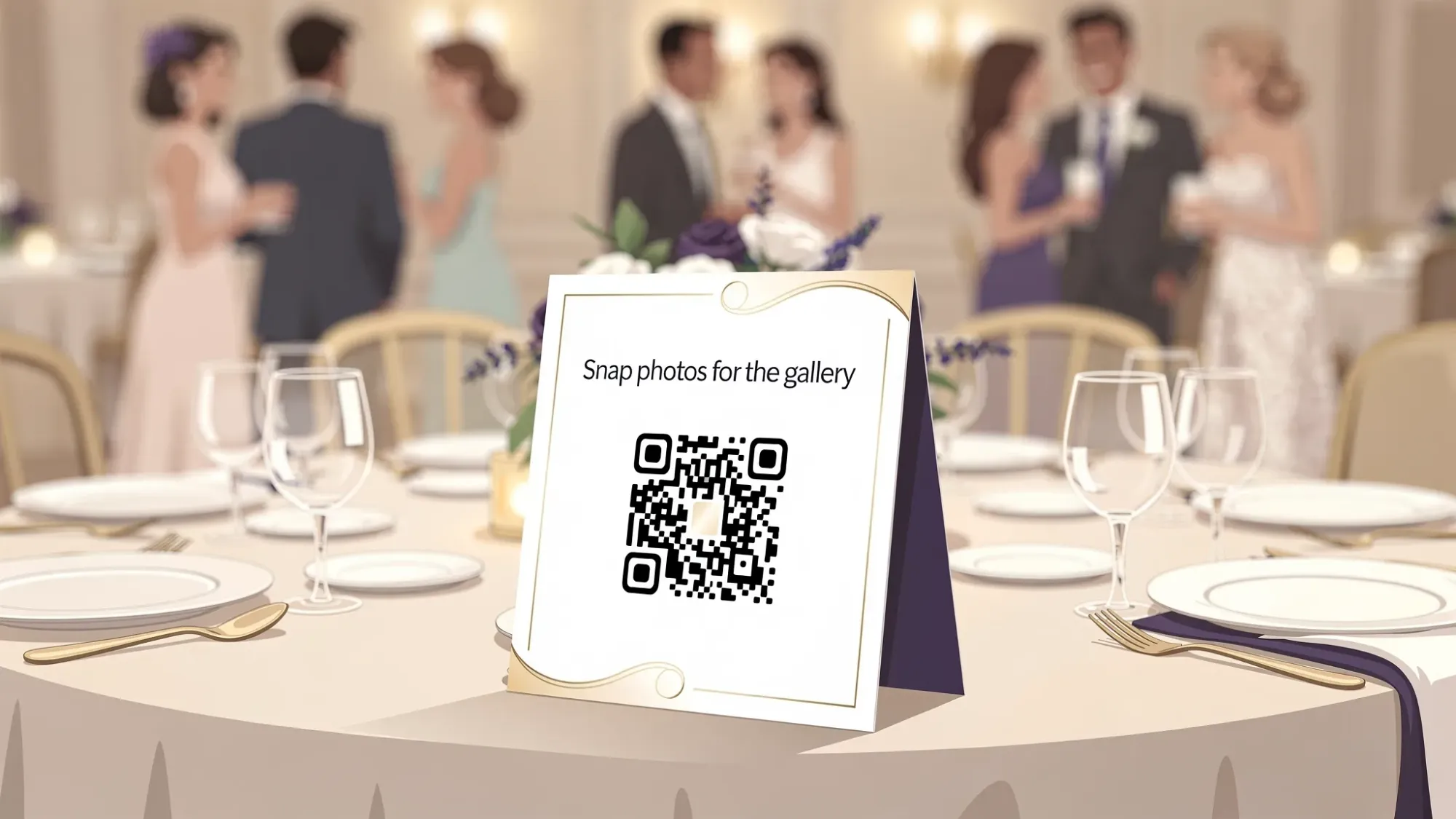 A wedding reception table with a simple printed table tent showing a QR code labeled “Snap photos for the gallery,” with guests mingling in the background and warm indoor lighting.