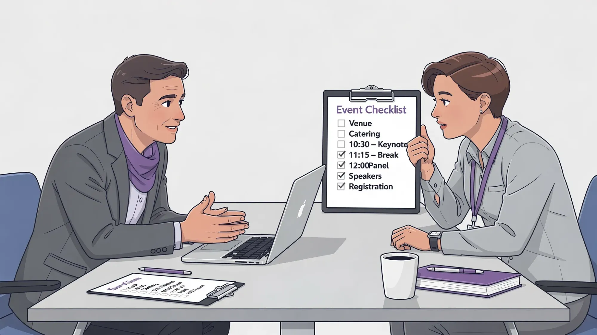 A simple evaluation scene: an event lead and a planner reviewing a tool demo with a printed run-of-show sheet, a checklist on a clipboard, and a laptop on a table. The laptop screen is facing away from the viewer and shows no readable content.