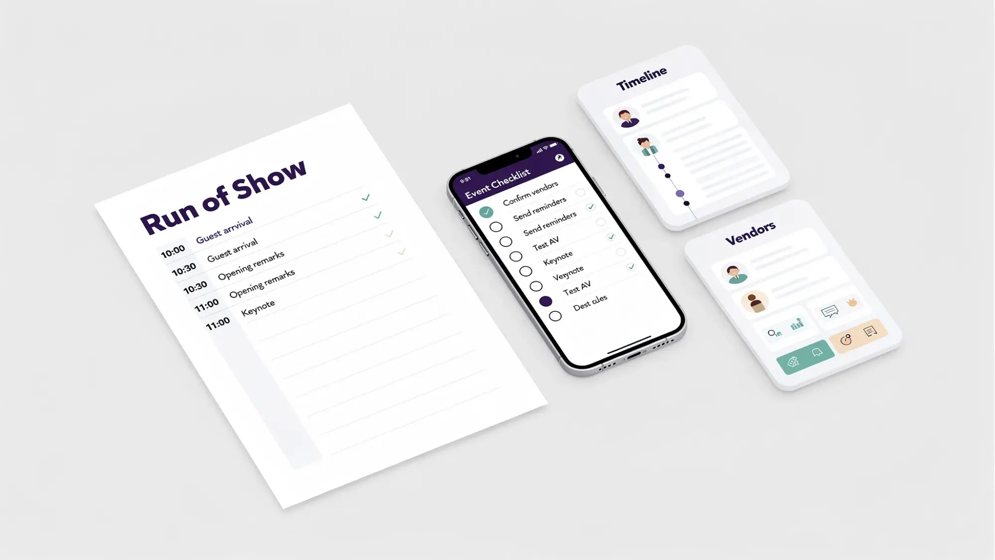 A clean workspace scene showing a printed run-of-show sheet next to a phone with a checklist, plus labeled cards for Roles, Timeline, Vendors, and Comms to represent an event coordination app system.