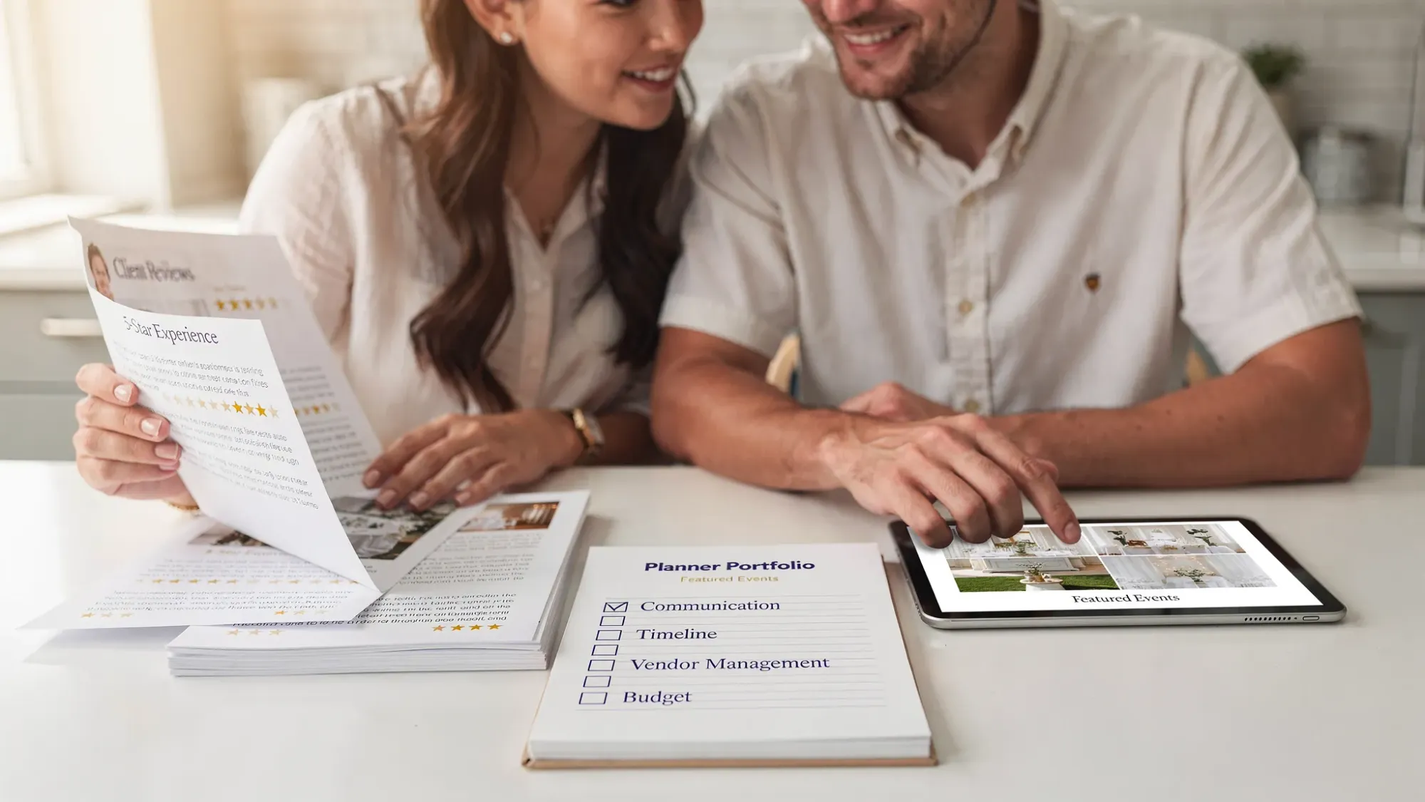 A couple at a kitchen table reviewing printed reviews and a planner’s portfolio on a tablet, with a notepad showing checklist items like communication, timeline, and vendor management.