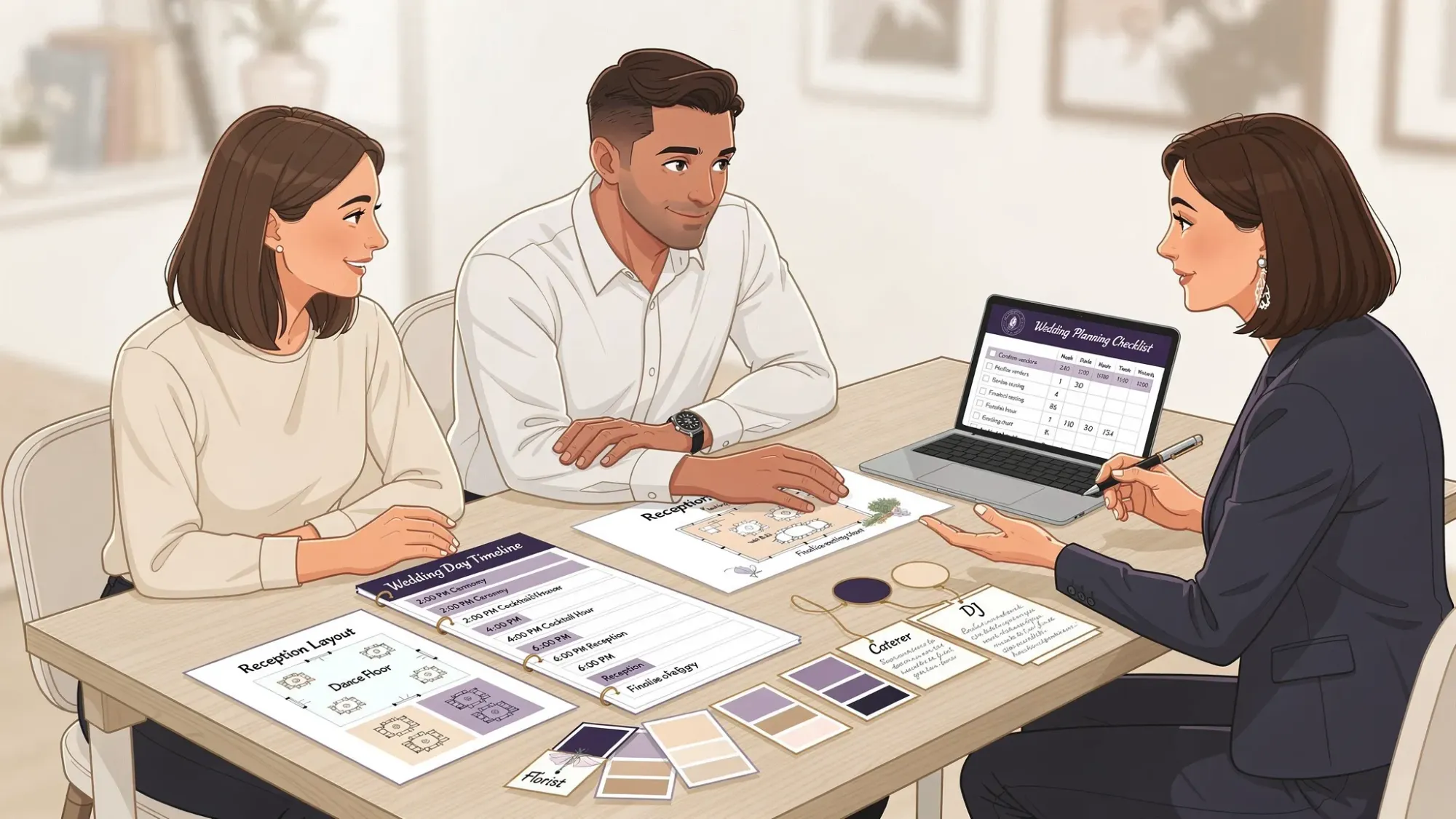 A wedding planning meeting with a couple and planner reviewing a day-of timeline and floor plan on paper, with color swatches, a laptop, and vendor notes on the table.