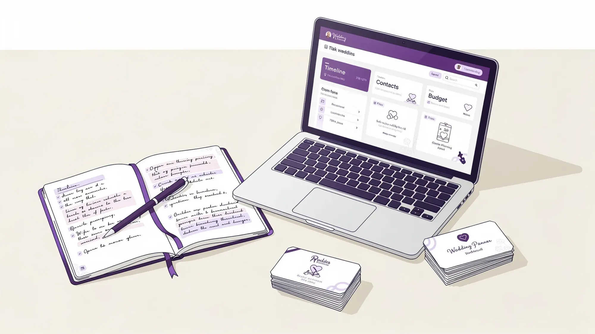 A tidy wedding planning workspace on a laptop next to a paper notebook and a small stack of vendor cards, showing sections like timeline, contacts, budget, and files in a clean dashboard layout.