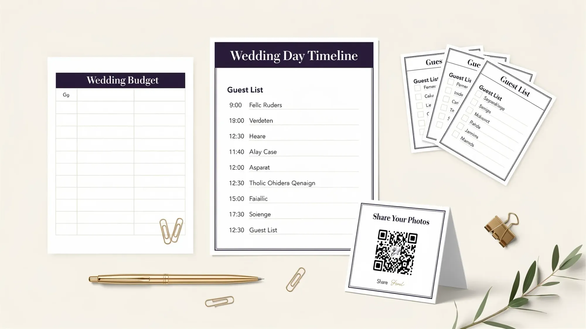 A flat lay of wedding planning essentials: a printed wedding day timeline, a simple budget spreadsheet, guest list cards, and a small tent sign displaying a QR code for guests to contribute photos.