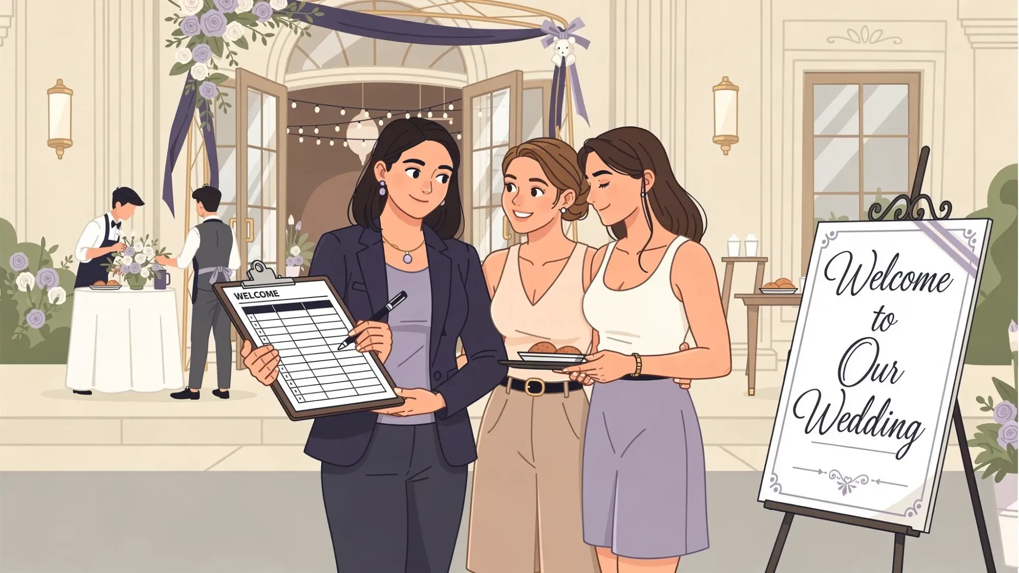 A wedding coordinator holding a clipboard reviews a detailed timeline with a couple at a venue entrance, while vendors set up in the background and a welcome sign stands nearby.