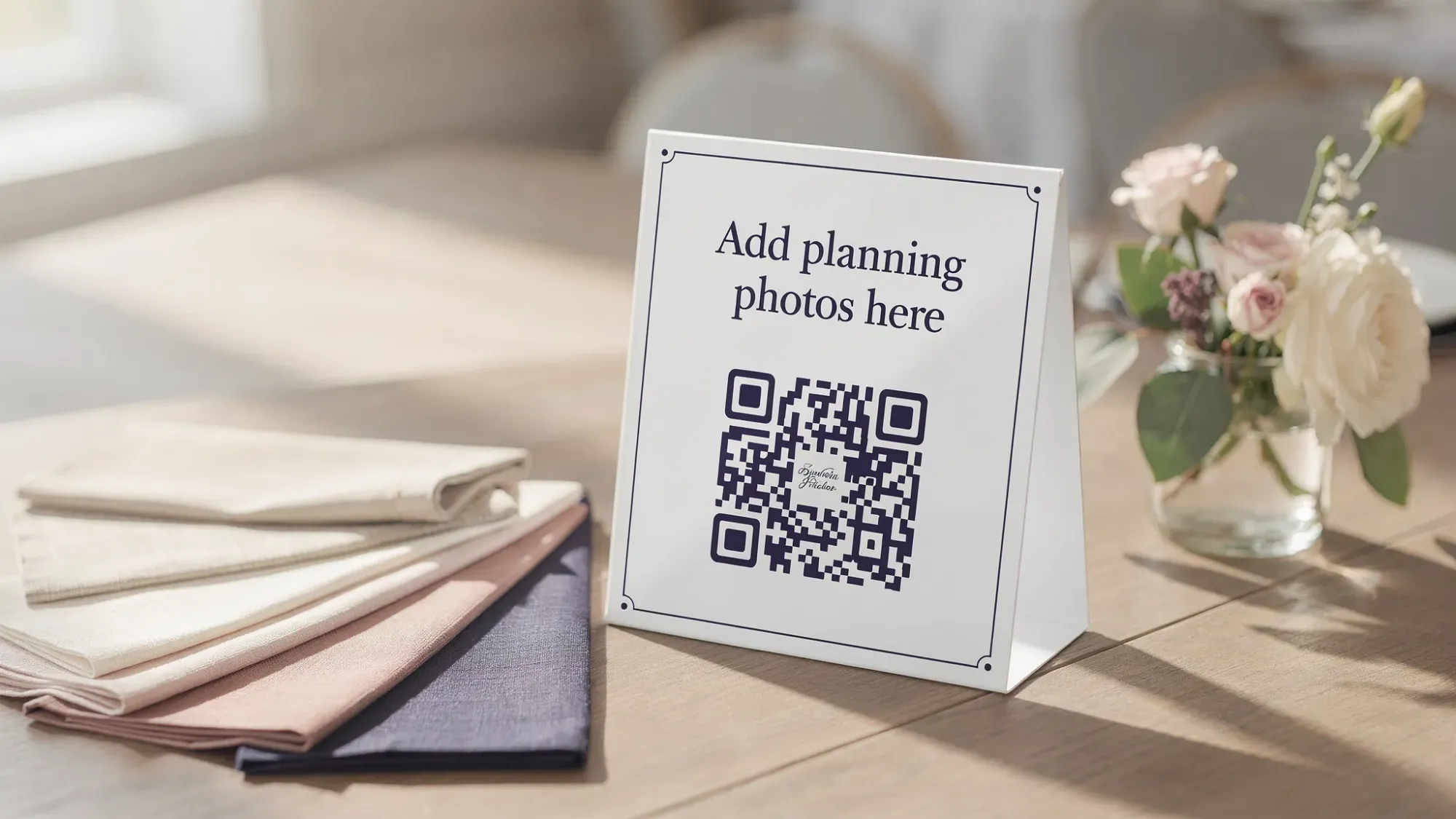A small printed sign on a table at a wedding venue walkthrough that says “Add planning photos here” with a prominent QR code, next to a floral sample and linen swatches in natural light.