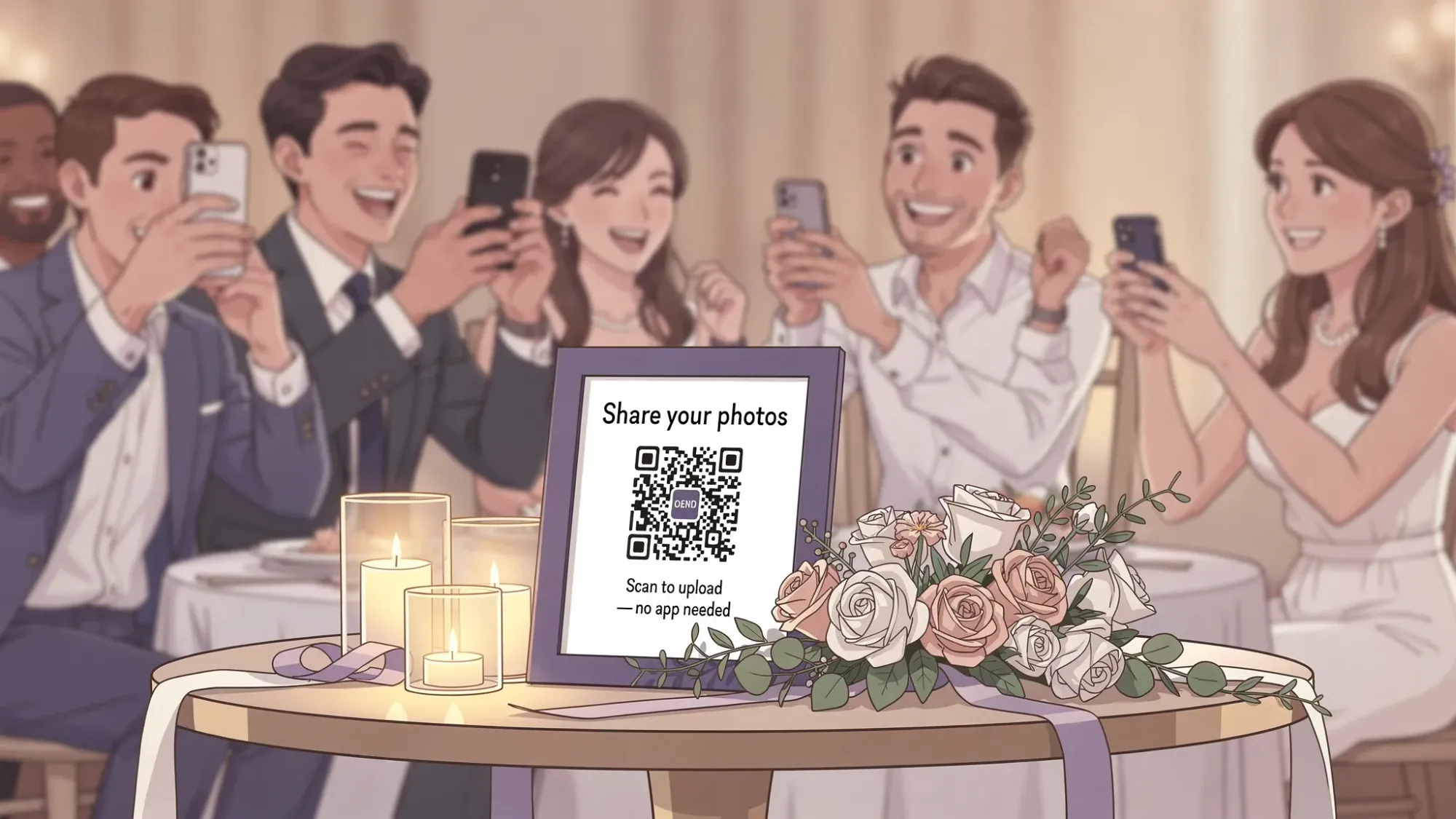 A wedding reception scene with a tasteful QR code sign on a table next to candles and florals, with guests in the background taking candid photos, illustrating app-less guest photo sharing at an event.