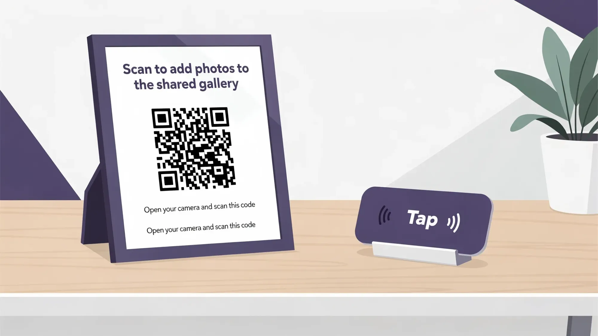 A welcome table at an event with a small framed sign showing a QR code labeled “Scan to add photos to the shared gallery,” next to an NFC tap card and a simple instruction line.
