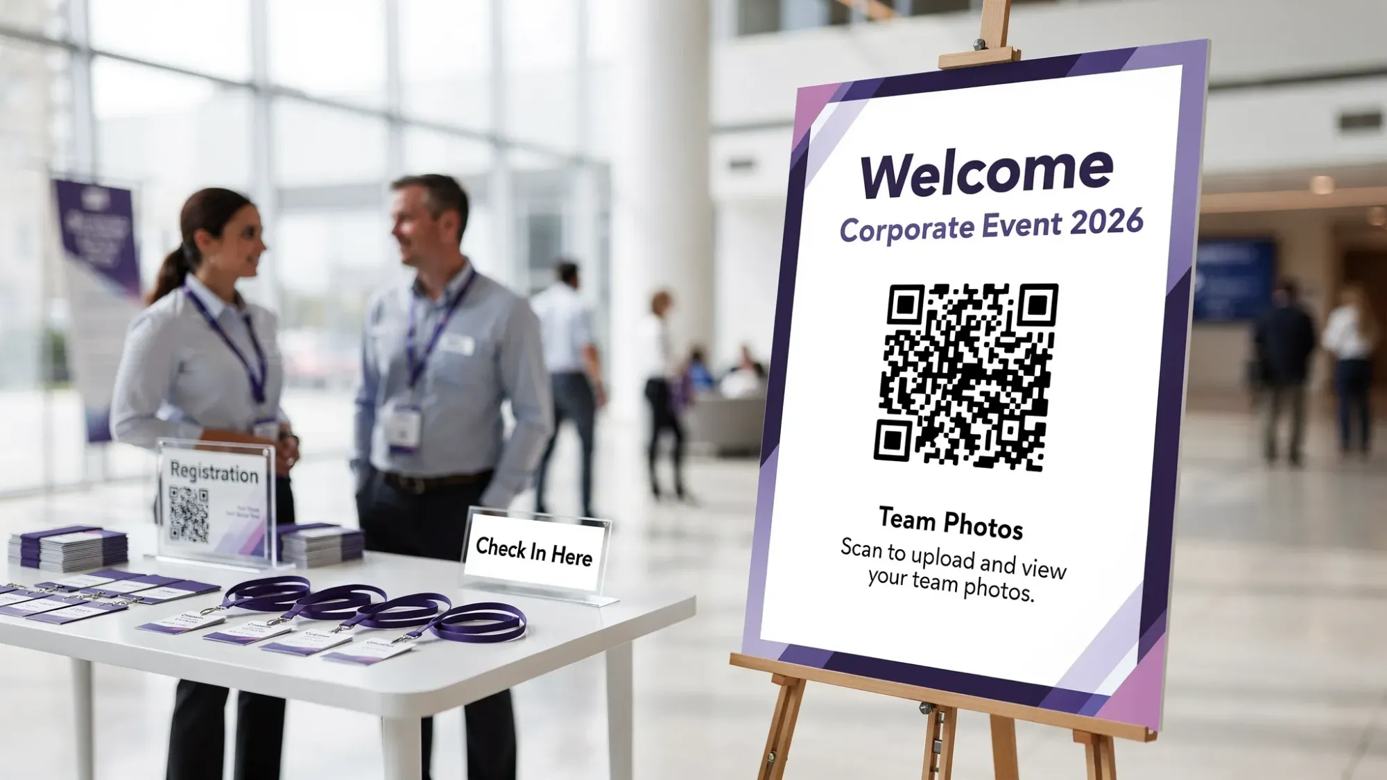 A corporate event welcome sign on an easel with a QR code for “Team Photos,” placed near a registration table; staff badges and lanyards are visible, and the space looks like a conference venue lobby.
