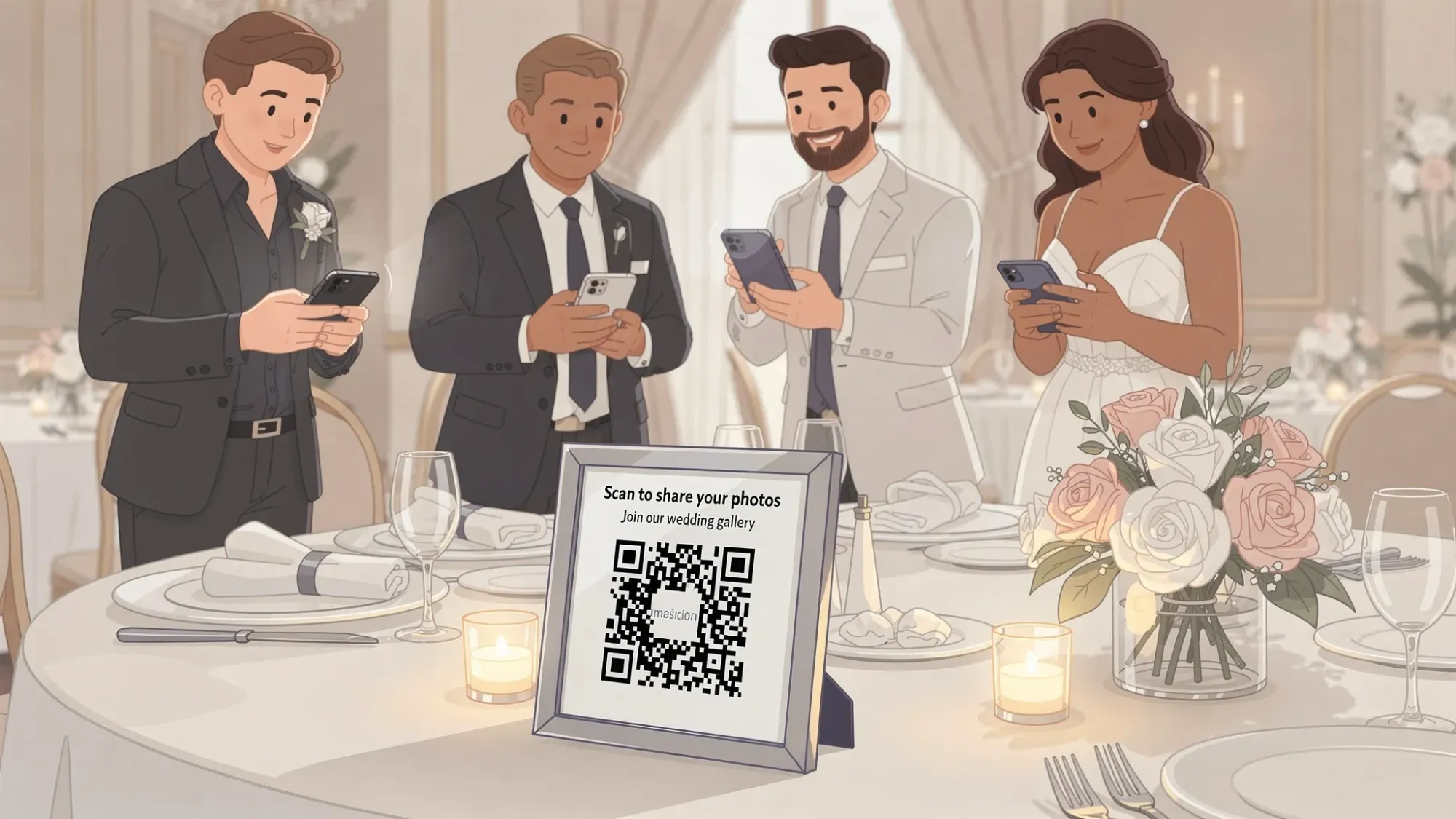 A wedding reception table with a small printed QR code sign in a simple frame, guests nearby holding phones as they scan to join a shared photo gallery.