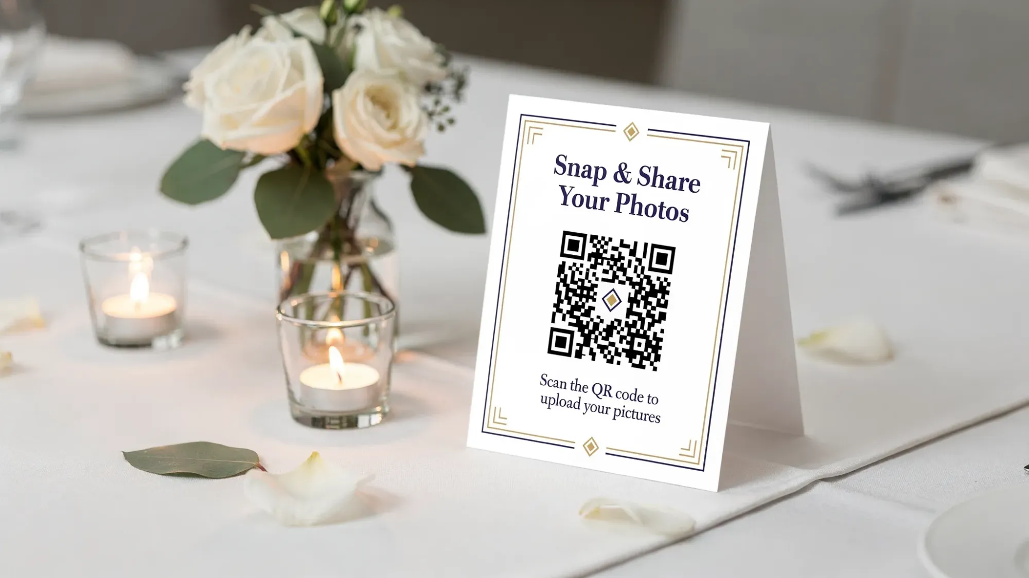 A wedding reception table tent with a visible QR code and short text inviting guests to snap and upload photos, placed next to candles and simple floral decor.