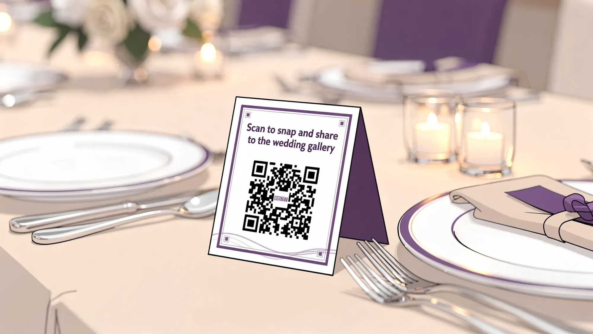A reception table setup with a small table tent featuring a QR code and simple text inviting guests to “Scan to snap and share to the wedding gallery,” next to place settings and candles.