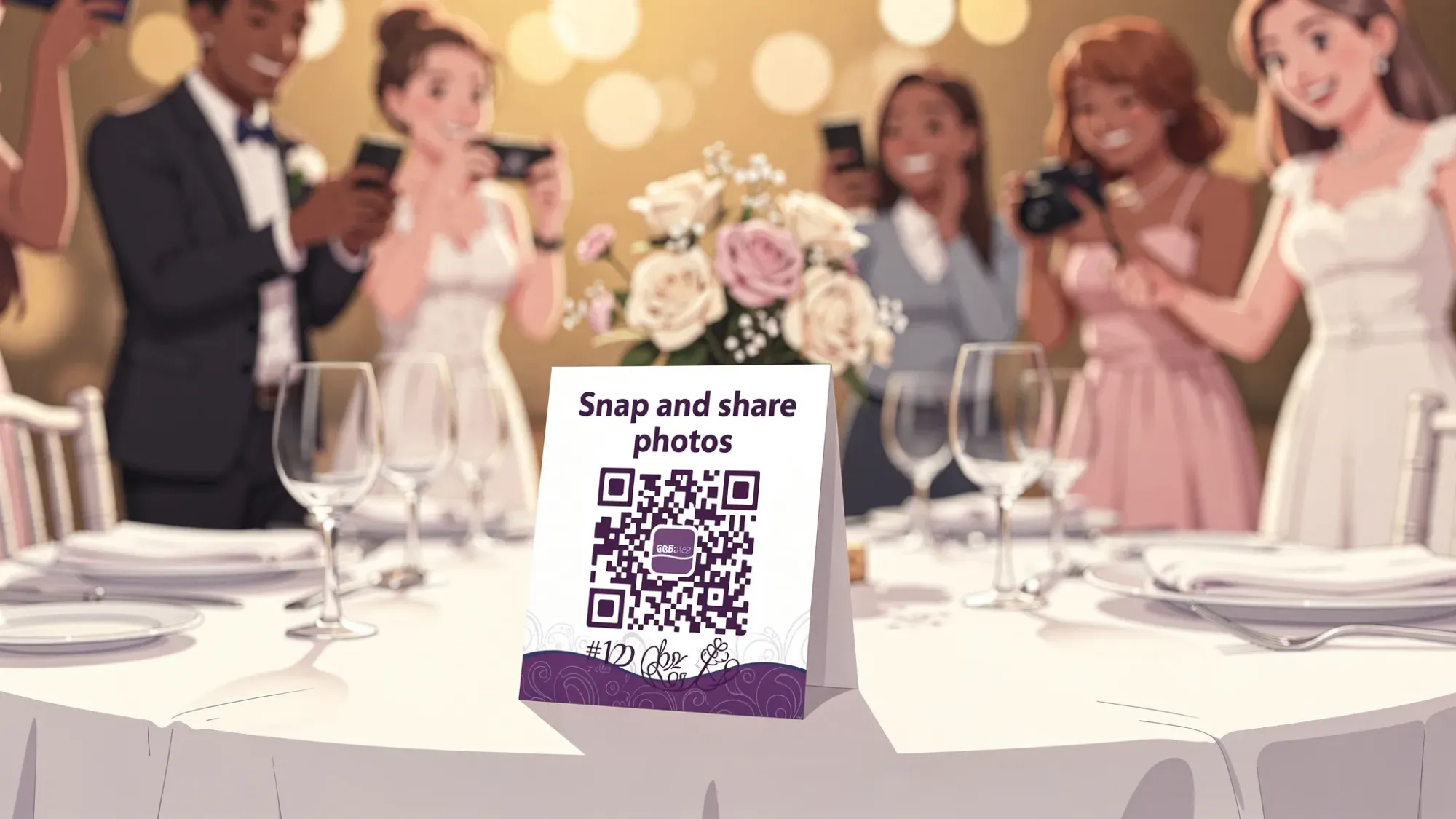 A wedding reception table with a small table tent displaying a QR code labeled “Snap and share photos,” with guests in the background taking candid pictures and warm reception lighting.