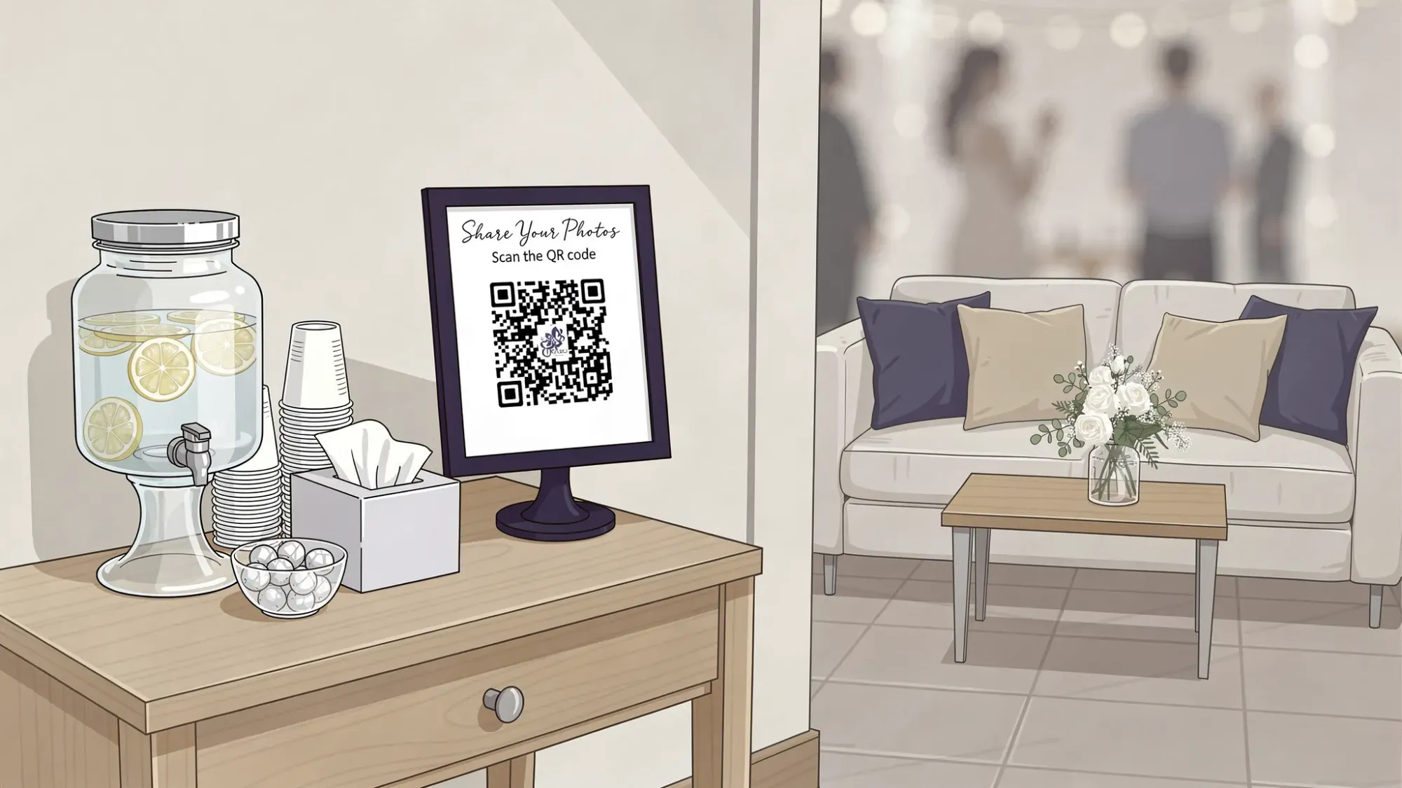 A wedding reception corner with a small guest comfort station (water, mints, tissues), a simple sign with a QR code for photo sharing, and a cozy lounge area in the background.