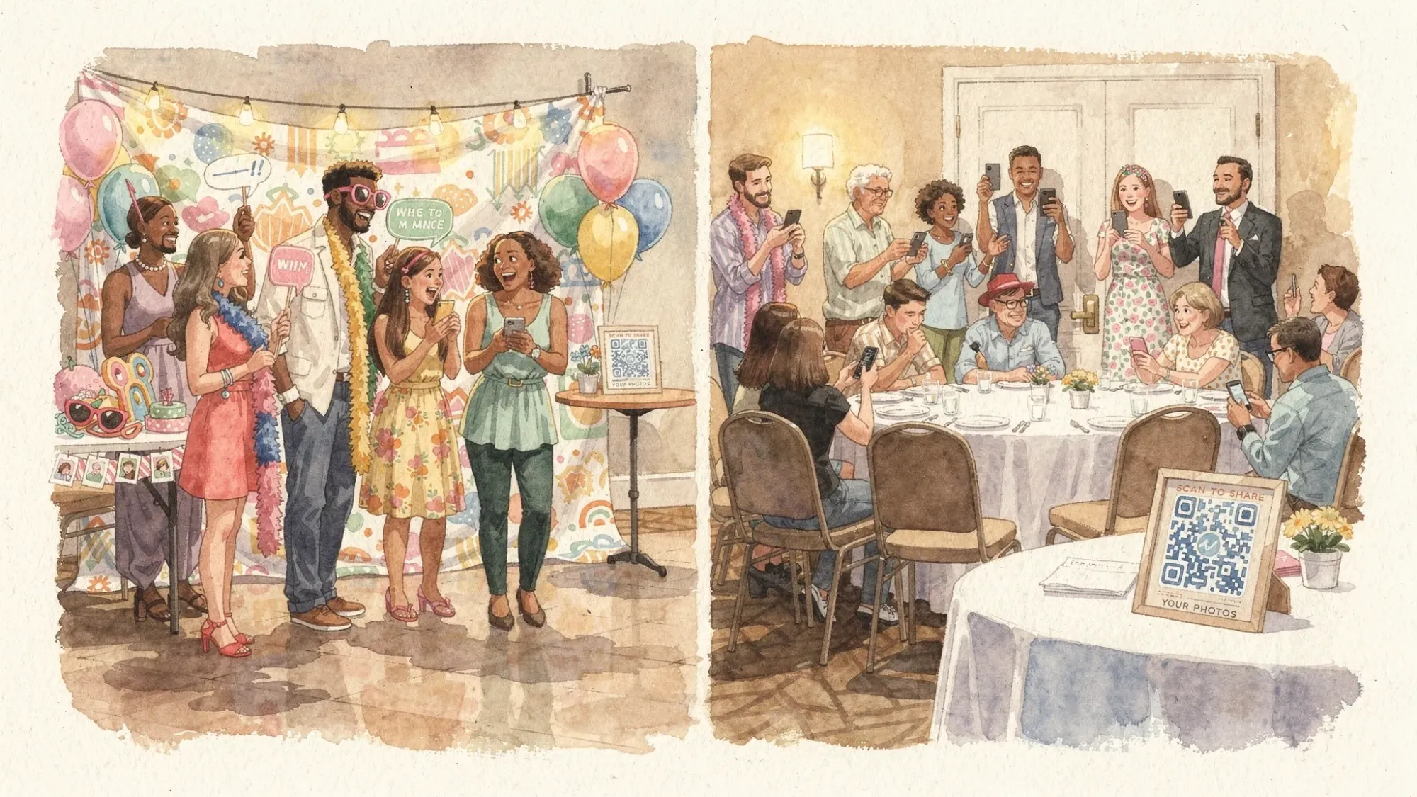 A split scene showing a lively event: on the left, guests lined up at a photo booth with a backdrop and props; on the right, guests at tables scanning a QR code sign and taking candid photos with their phones.
