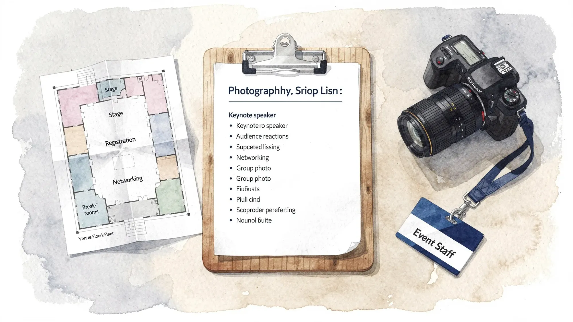 A simple corporate event photography shot list printed on a clipboard beside a venue floor plan, a badge, and a camera, suggesting a practical day-of checklist for an event team.