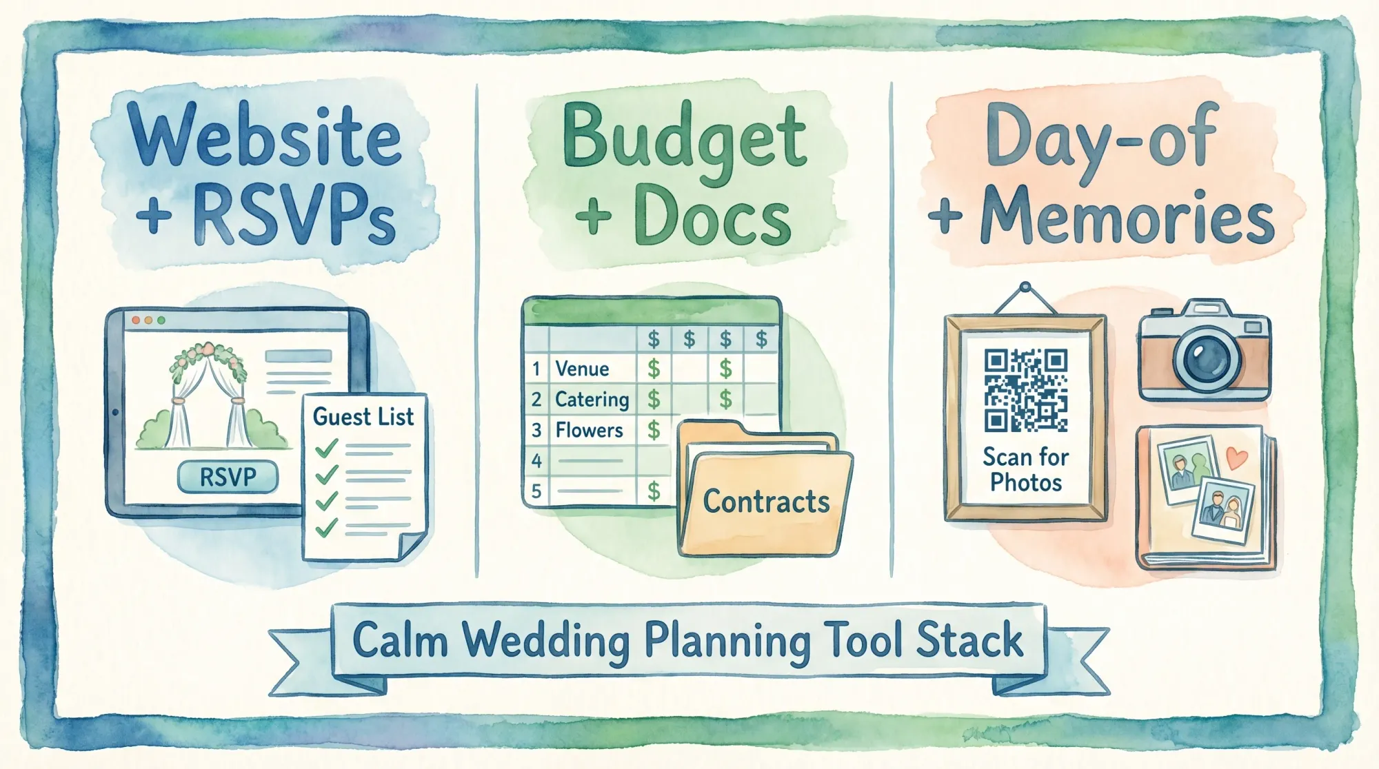A simple comparison illustration showing three columns titled “Website + RSVPs,” “Budget + Docs,” and “Day-of + Memories,” with example icons like a webpage, checklist, spreadsheet, and a QR code sign, indicating a calm wedding planning tool stack.
