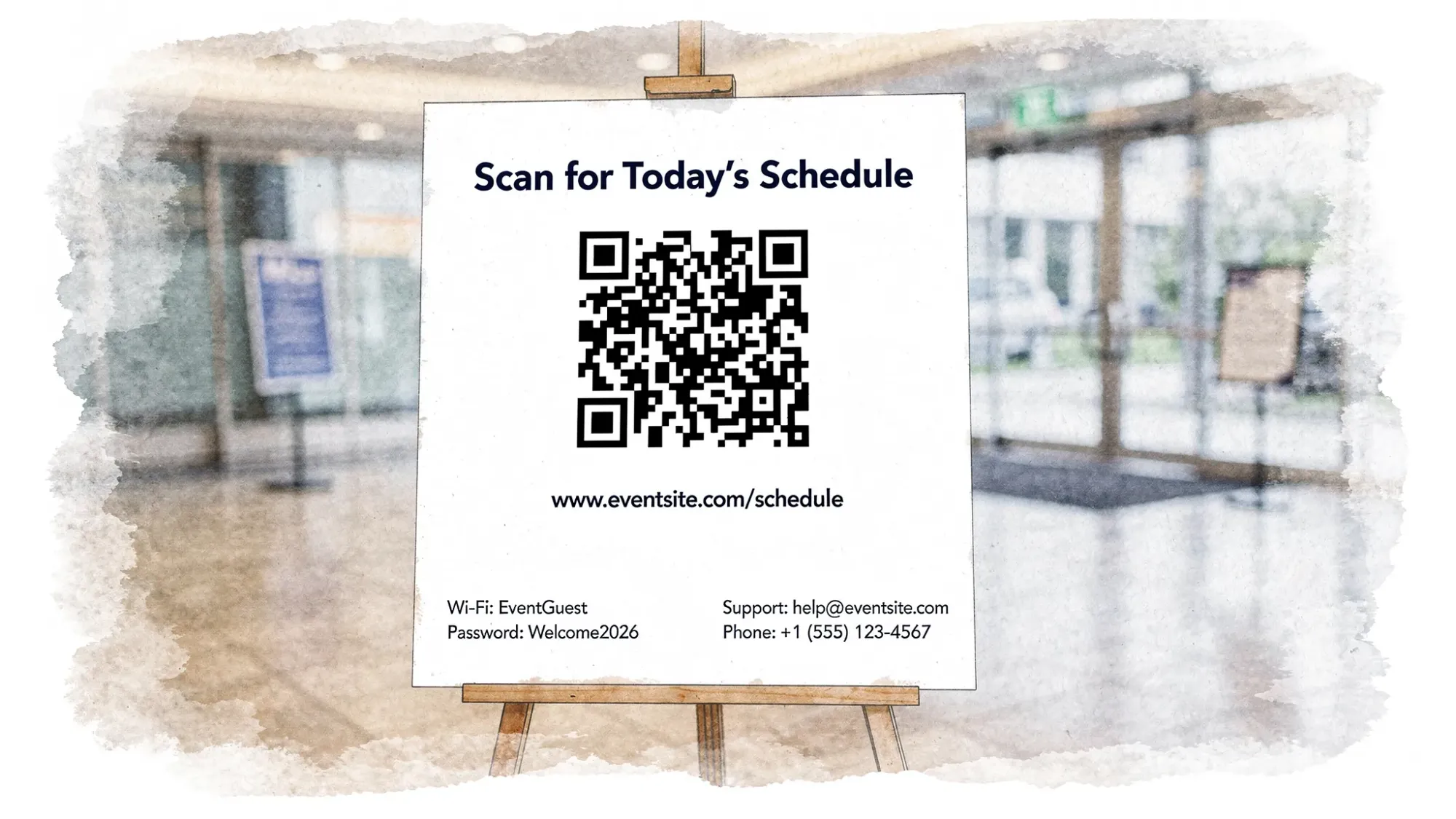 A clean event sign on an easel at a venue entrance with a large QR code, a bold headline that says “Scan for Today’s Schedule,” a short backup URL printed beneath, and small notes indicating Wi‑Fi info and support contact. The QR code is high-contrast with ample white space around it, and the lighting is realistic for an indoor event.
